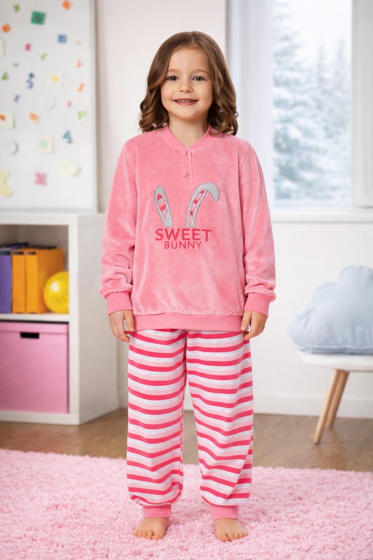 Kız Çocuk Kadife Pijama Takımı 1667 Pembe01