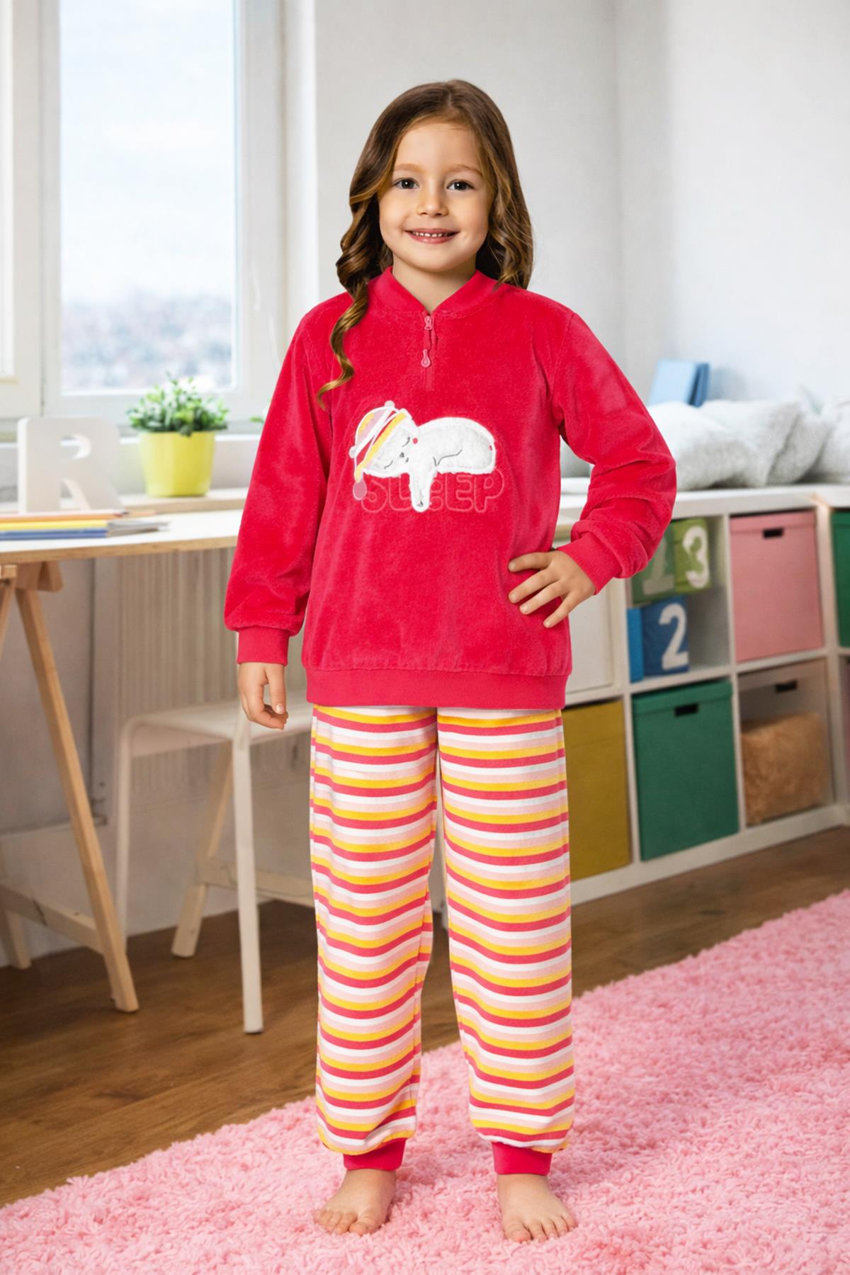 Kız Çocuk Kadife Pijama Takımı 1668 Fuşya