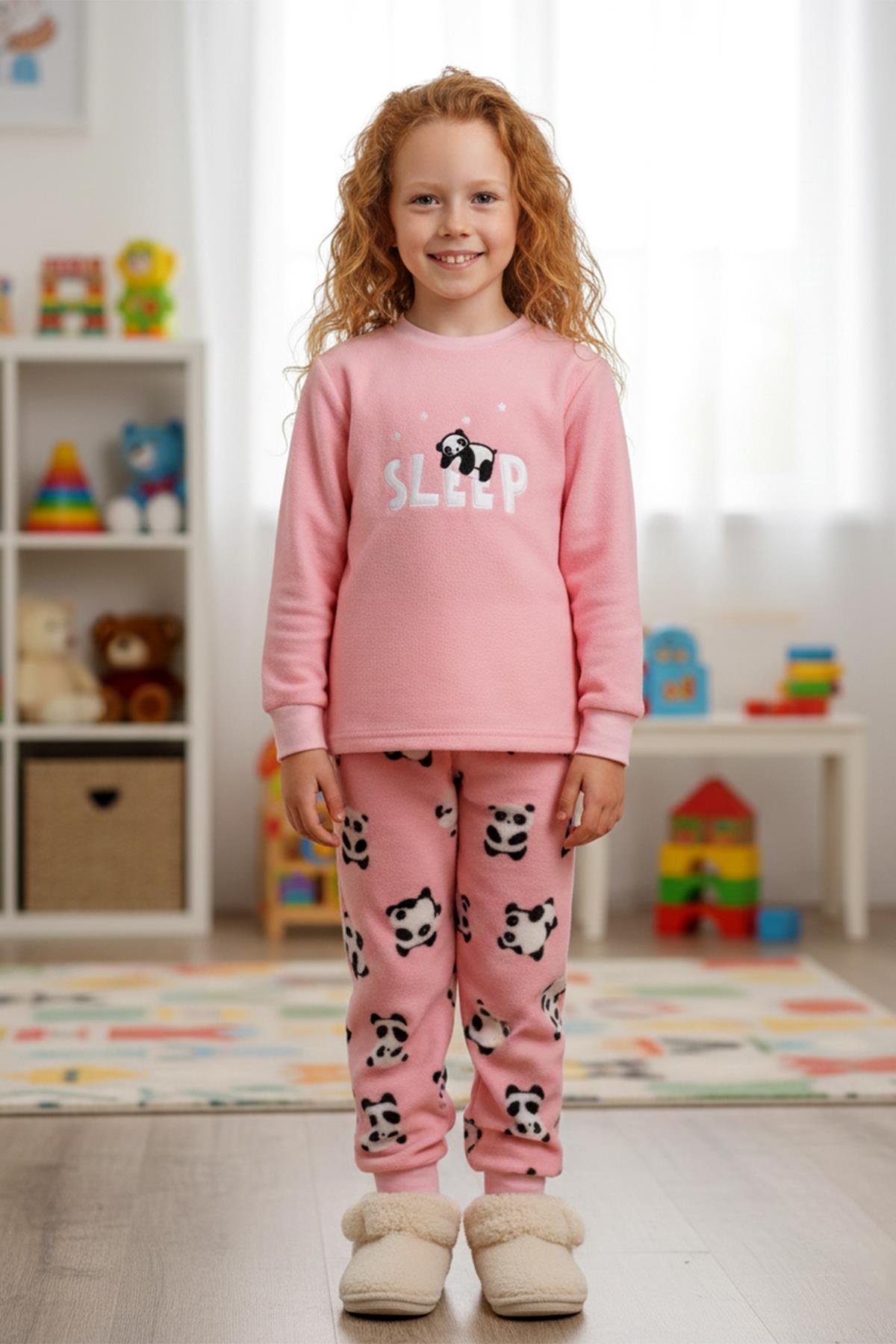 Kız Çocuk Kadife Polar Desenli Pijama Takımı 1679 Pembe02