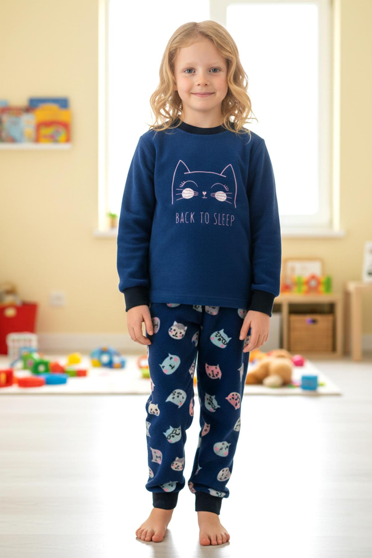 Kız Çocuk Kadife Polar Desenli Pijama Takımı 1682 Lacivert