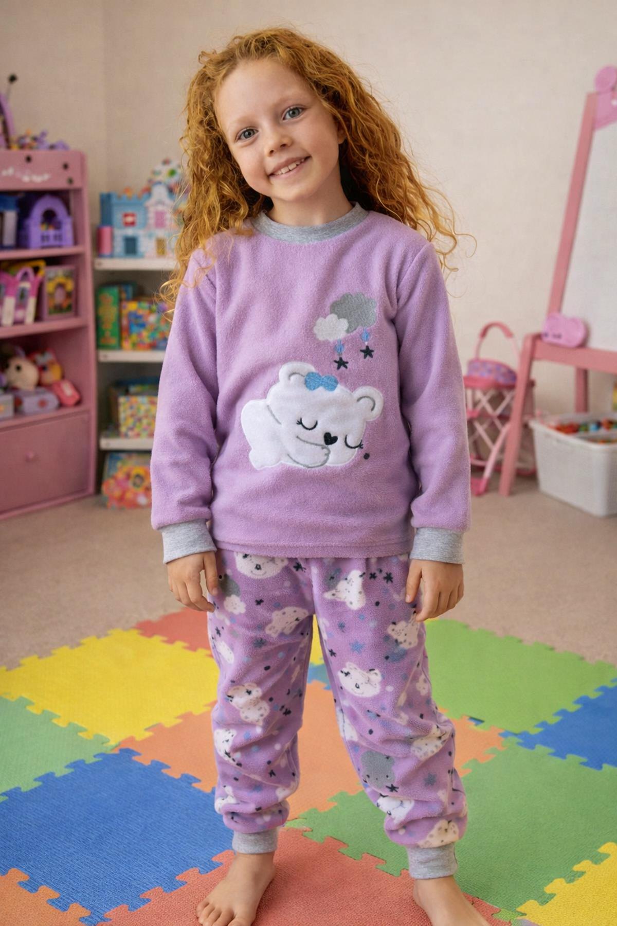 Kız Çocuk Kadife Polar Desenli Pijama Takımı 1680 Lila