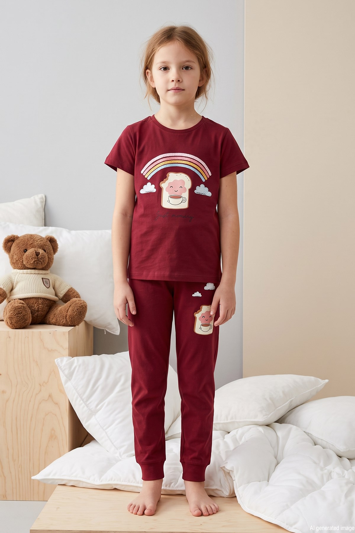 Kız Çocuk Kısa Kol Baskılı Penye Pijama Takımı 2647 Kırmızı