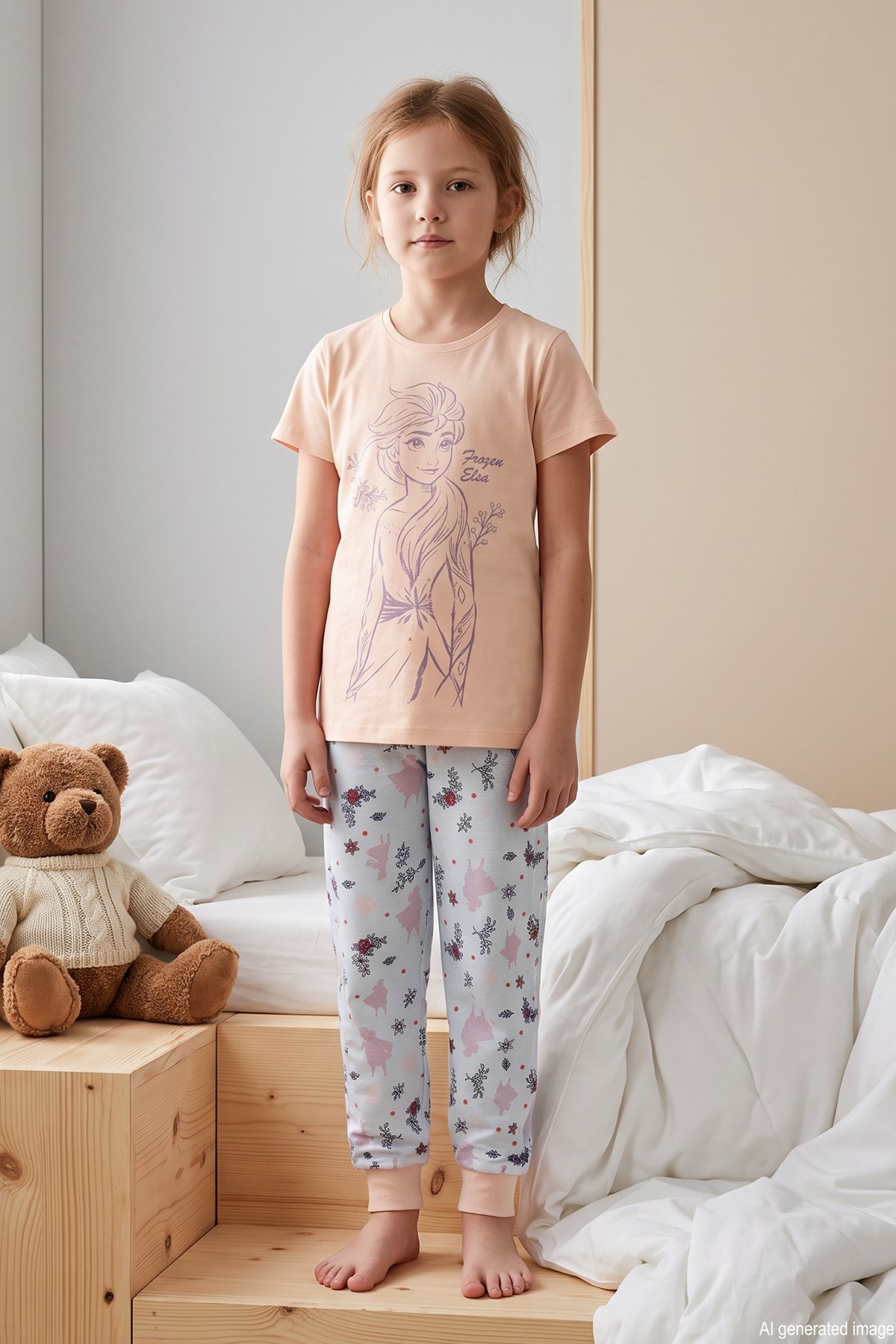 Kız Çocuk Kısa Kol Baskılı Penye Pijama Takımı 2612 Somon