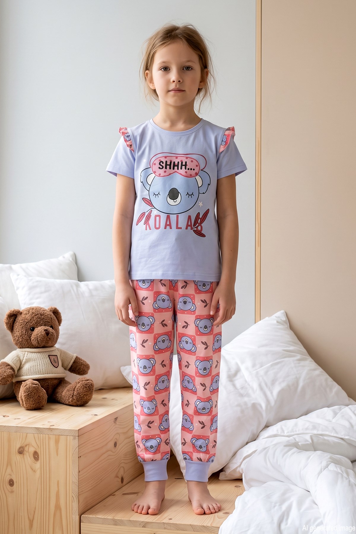 Kız Çocuk Kısa Kol Baskılı Penye Pijama Takımı 2624 Bebe Mavisi
