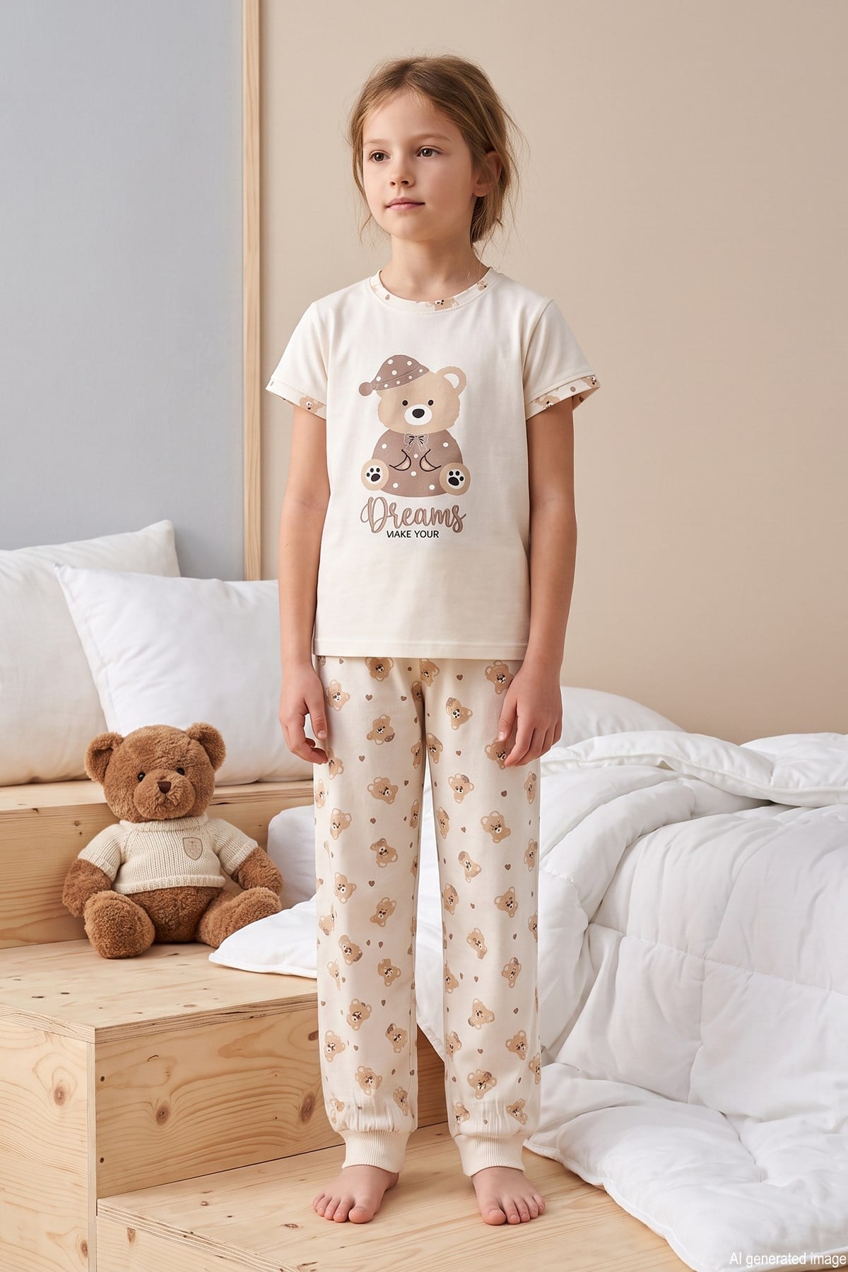 Kız Çocuk Kısa Kol Baskılı Penye Pijama Takımı 6510 Krem01