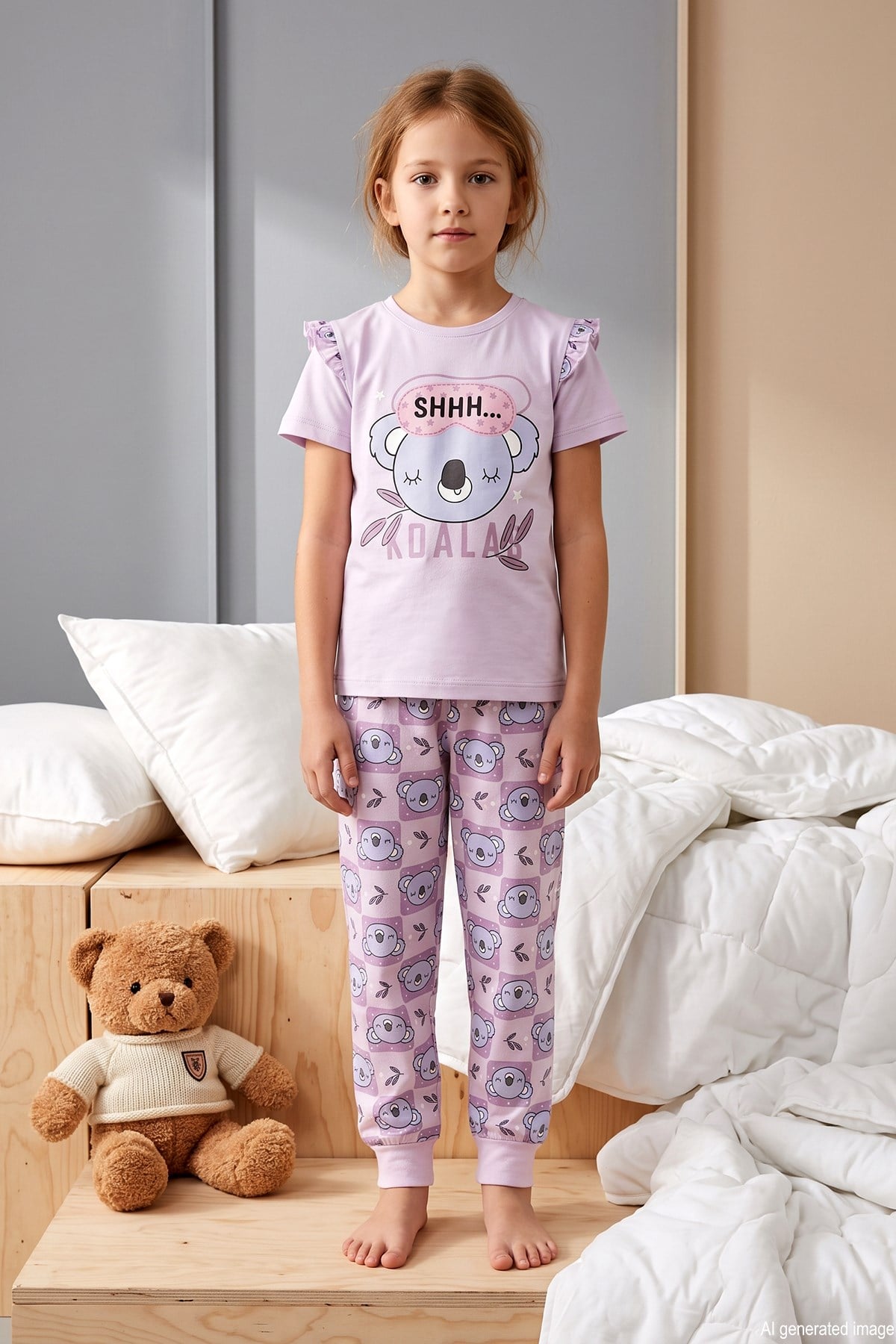 Kız Çocuk Kısa Kol Baskılı Penye Pijama Takımı 2624 Pudra01