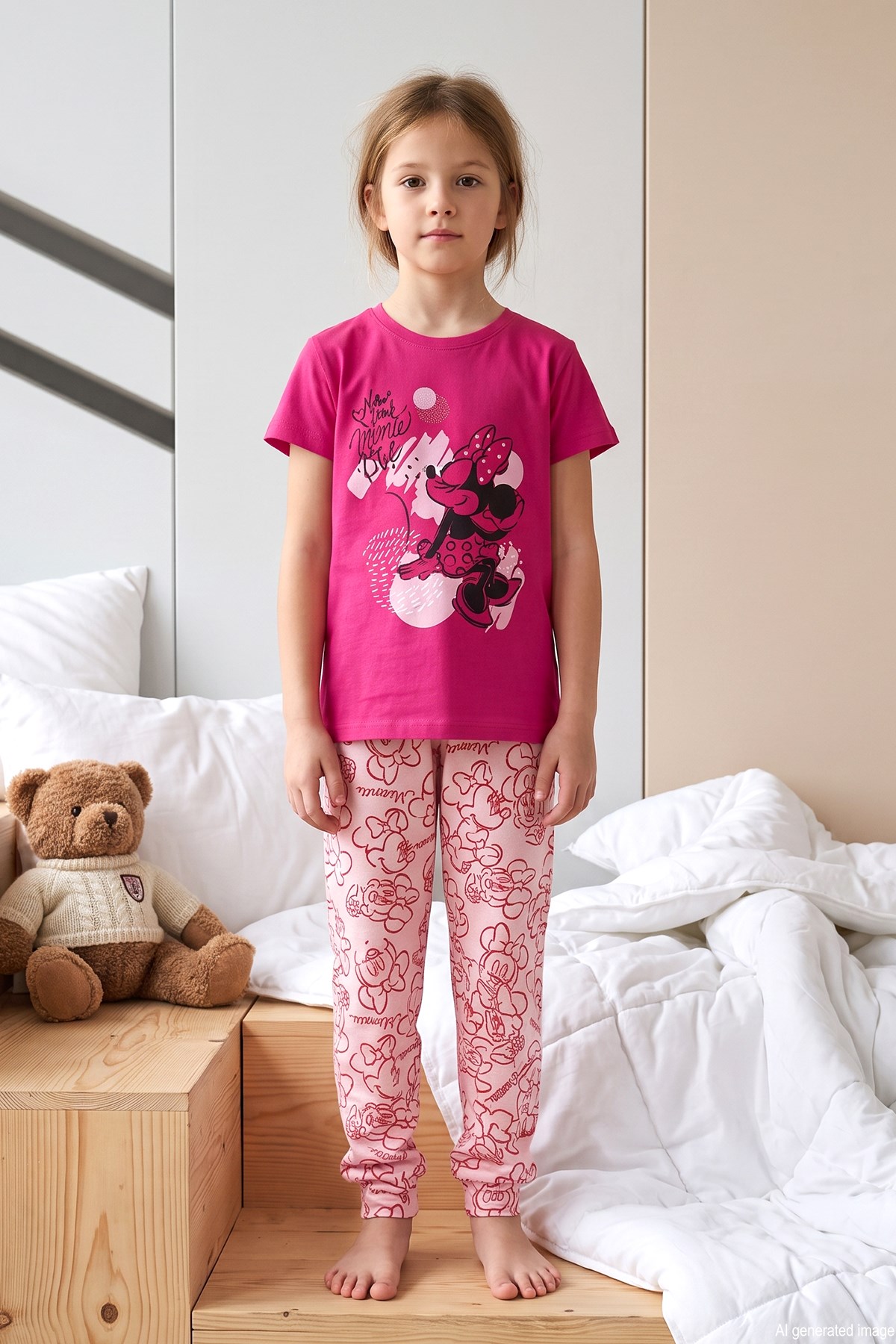 Kız Çocuk Kısa Kol Baskılı Penye Pijama Takımı 3039 Fuşya
