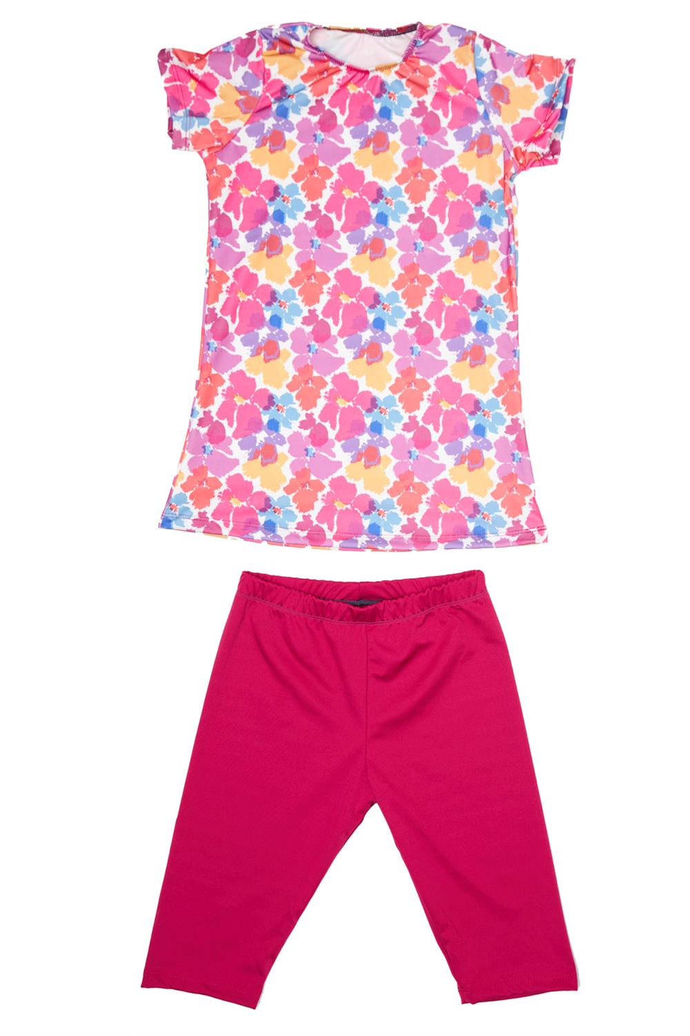 Kız Çocuk Kısa Kol Taytlı Yarı Kapalı Mayo P23/189 ÇiçekHMM-P23-189-Fuşya