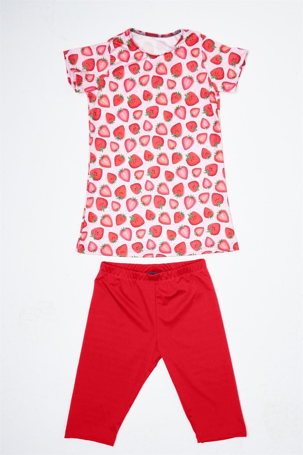 Kız Çocuk Kısa Kol Taytlı Yarı Kapalı Mayo P23/118 Çilek