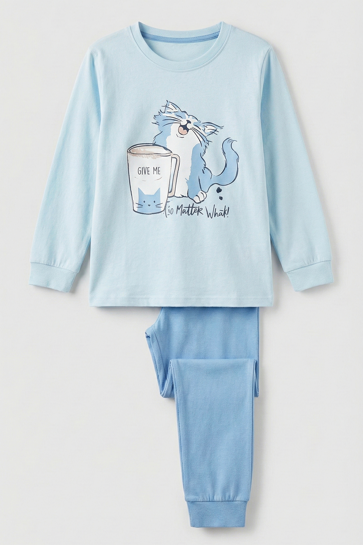 Kız Çocuk Pamuklu Desenli Pijama Takımı 8411 Buz Mavi