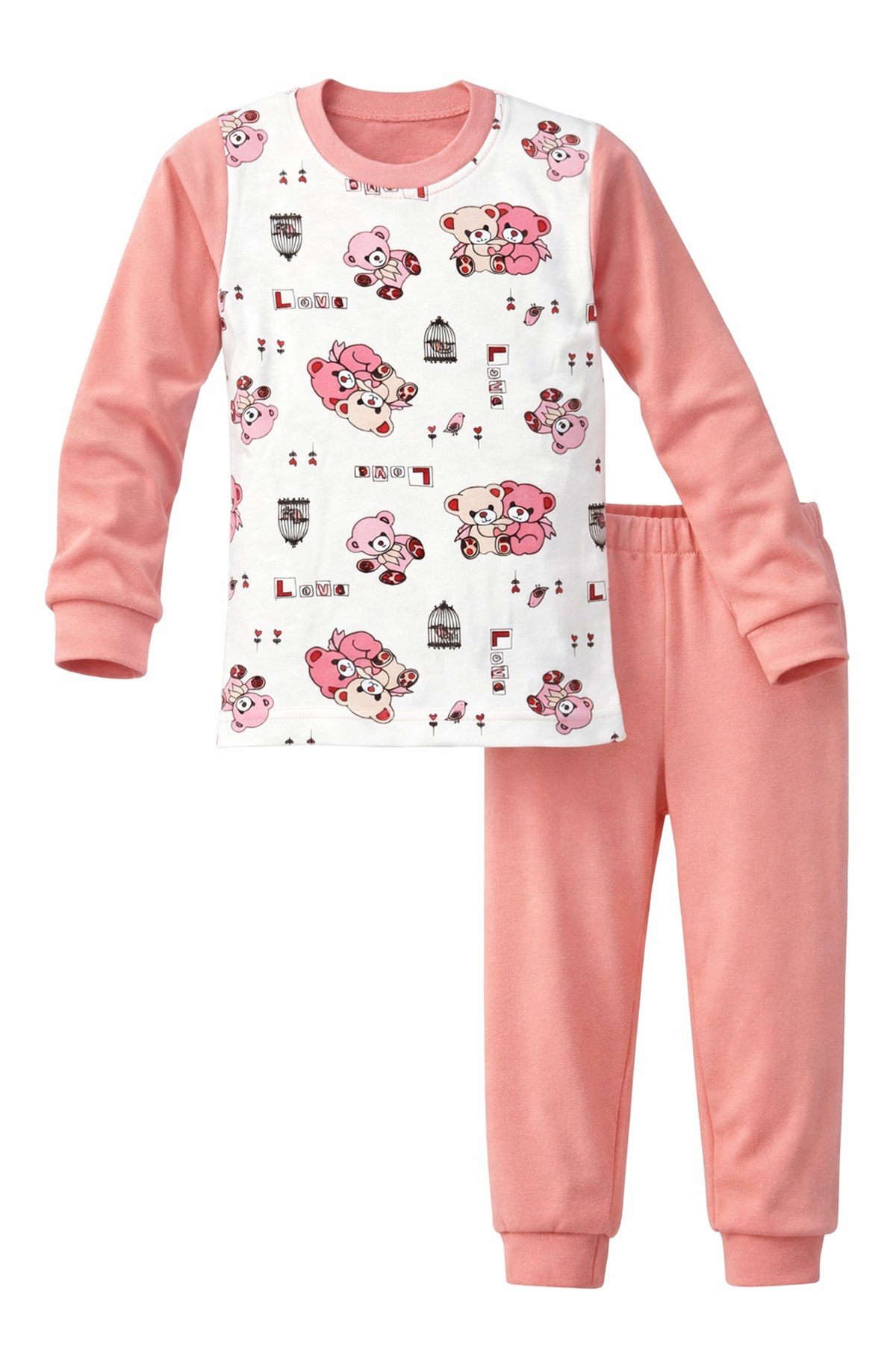 Kız Çocuk Pamuklu Desenli Pijama Takımı 6068-09 Gül Kurusu
