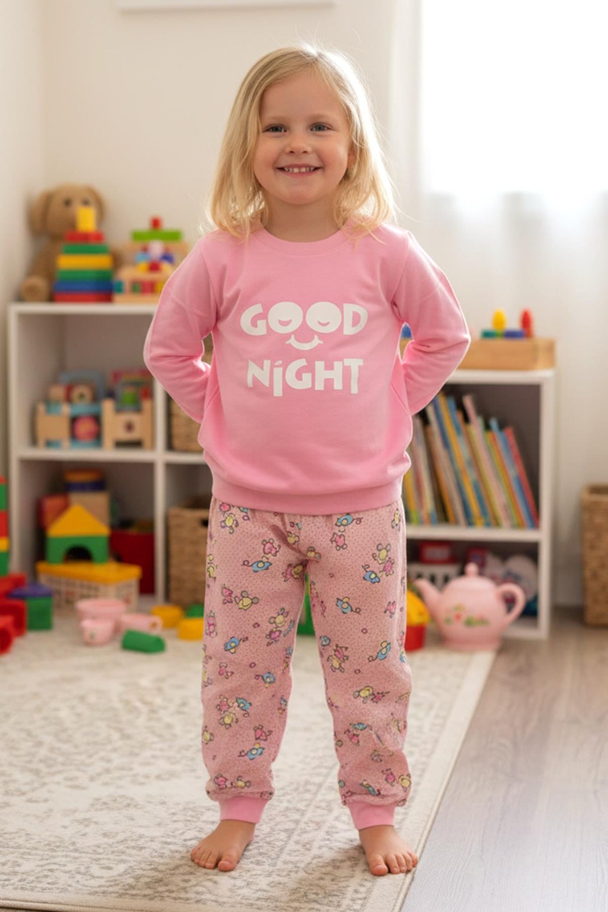 Kız Çocuk Pamuklu Desenli Pijama Takımı 250575 Pudra02