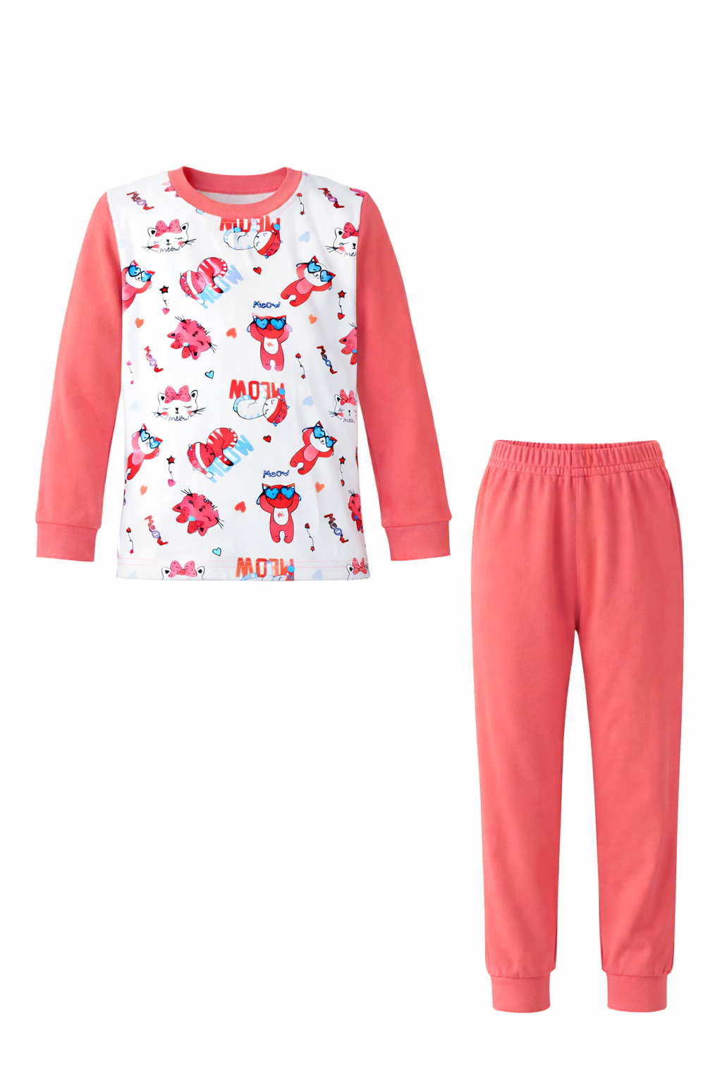 Kız Çocuk Pamuklu Desenli Pijama Takımı 6068-10 Mercan01