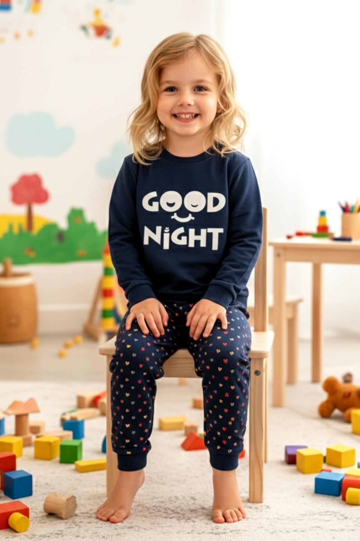 Kız Çocuk Pamuklu Desenli Pijama Takımı 250575 Lacivert01