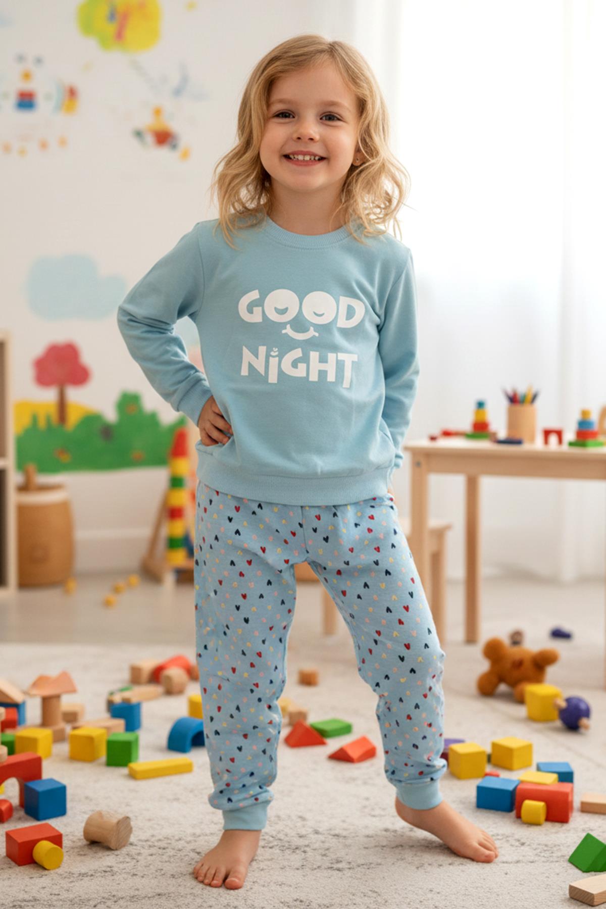 Kız Çocuk Pamuklu Desenli Pijama Takımı 250575 Mavi02