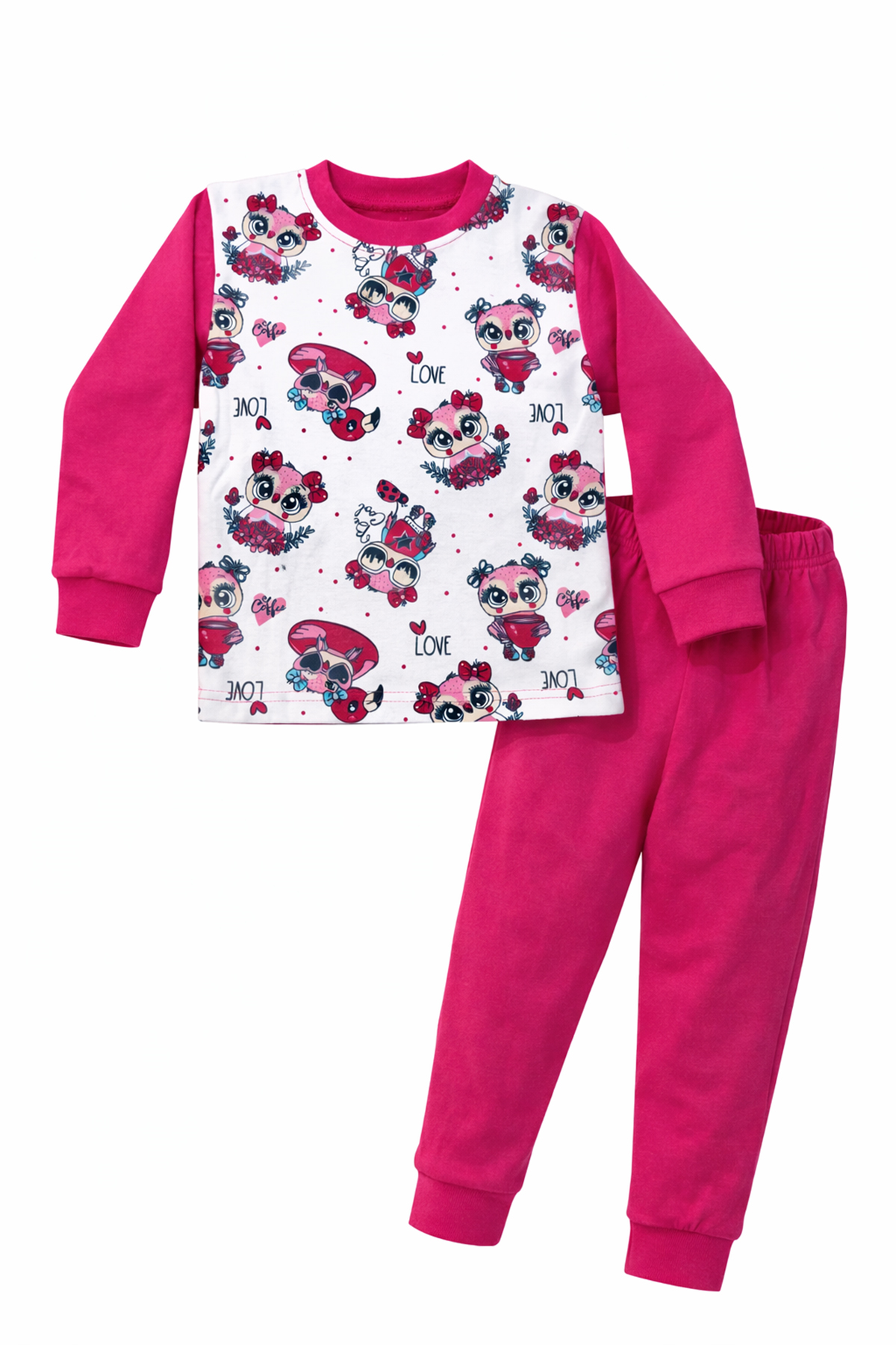 Kız Çocuk Pamuklu Desenli Pijama Takımı 6068-14 Fuşya01