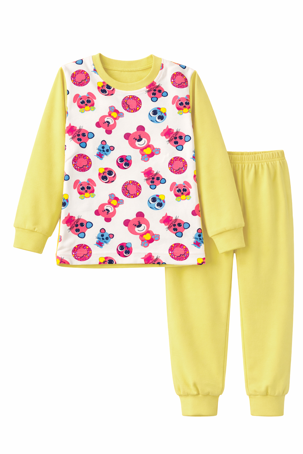 Kız Çocuk Pamuklu Desenli Pijama Takımı 6068-01 Sarı