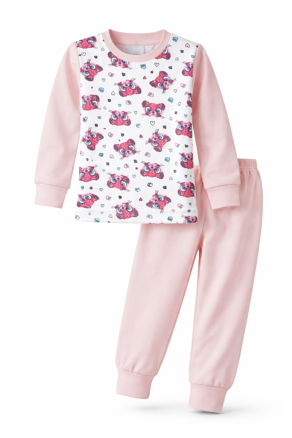 Kız Çocuk Pamuklu Desenli Pijama Takımı 6068-24 Pudra01