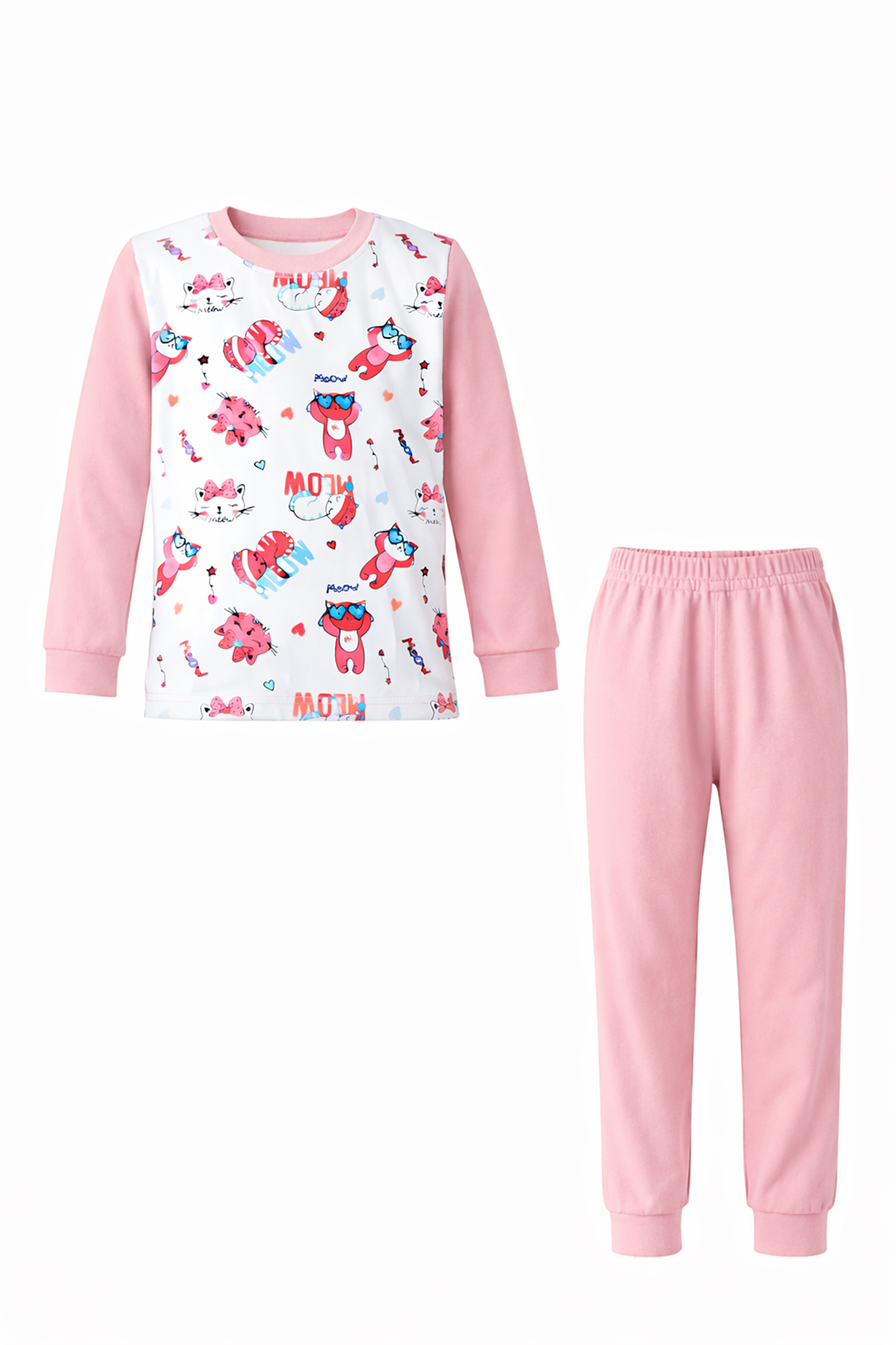 Kız Çocuk Pamuklu Desenli Pijama Takımı 6068-22 Pembe01