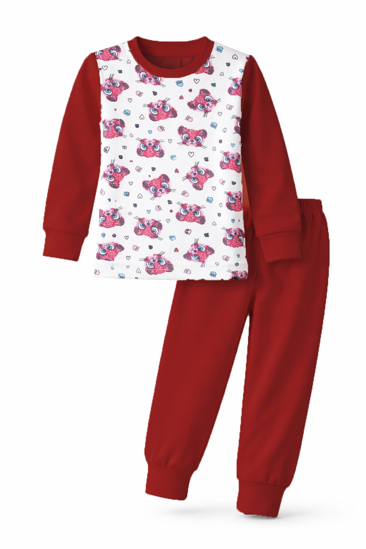 Kız Çocuk Pamuklu Desenli Pijama Takımı 6068-23 Bordo
