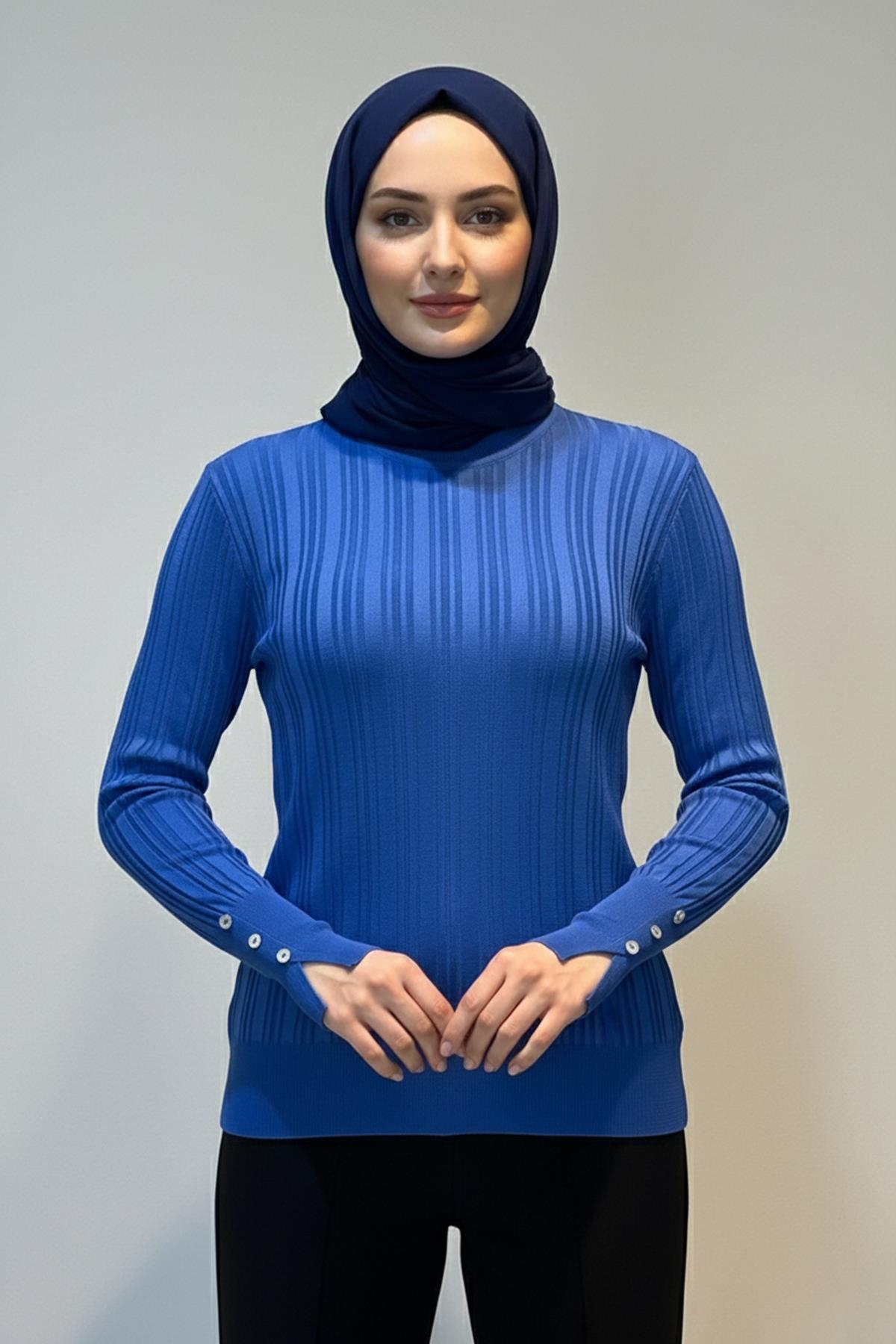 Kol Bilek Düğme Detaylı Triko Uzun Kol Kazak 34032 Saks