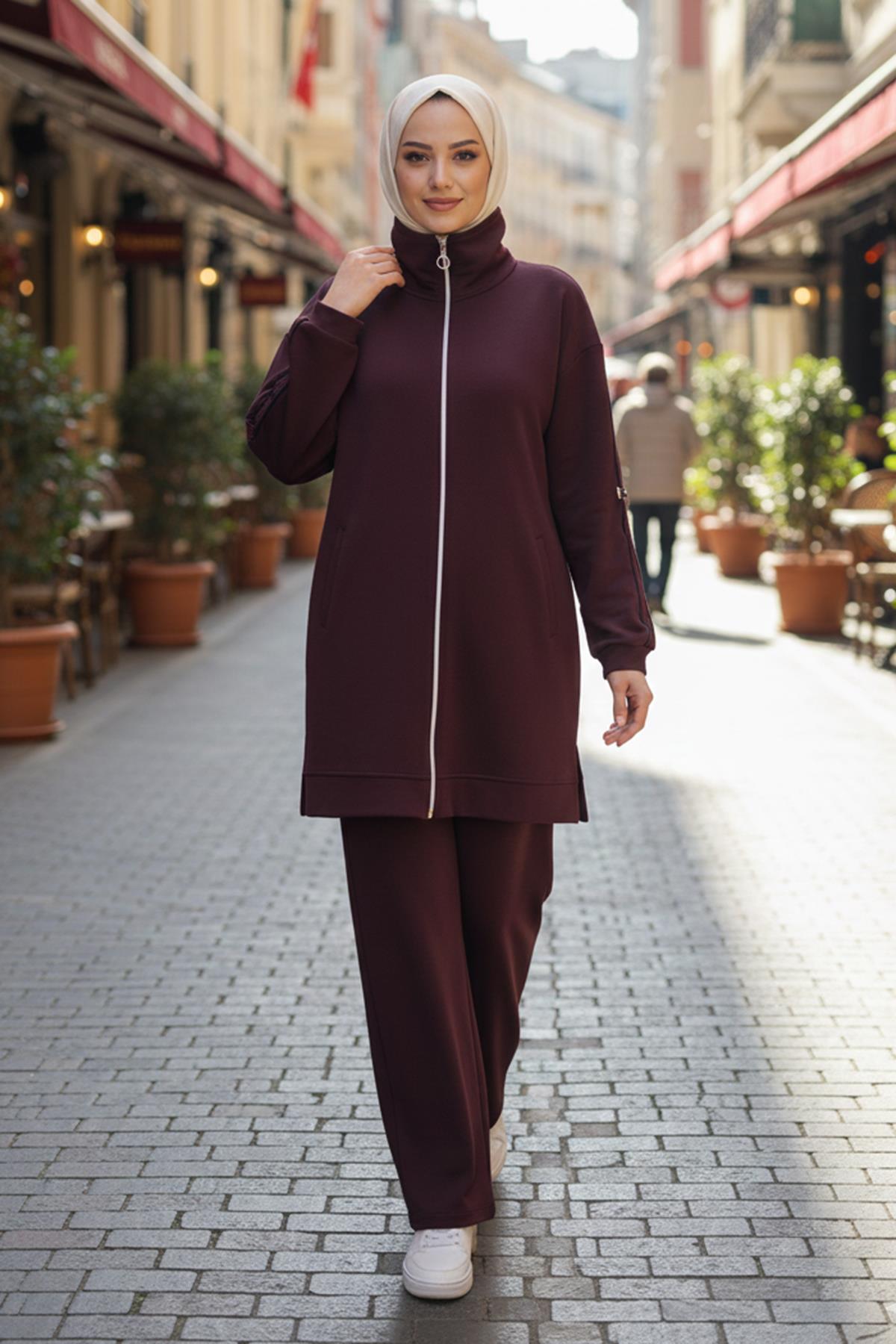 Kolları Şerit Kemer Detay Tunikli Pantolon Takım 2119 Bordo