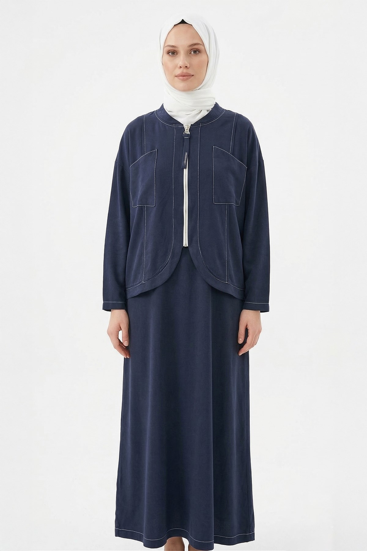 Kolsuz Elbiseli Bolerolu Lyocell Takım 978 Lacivert