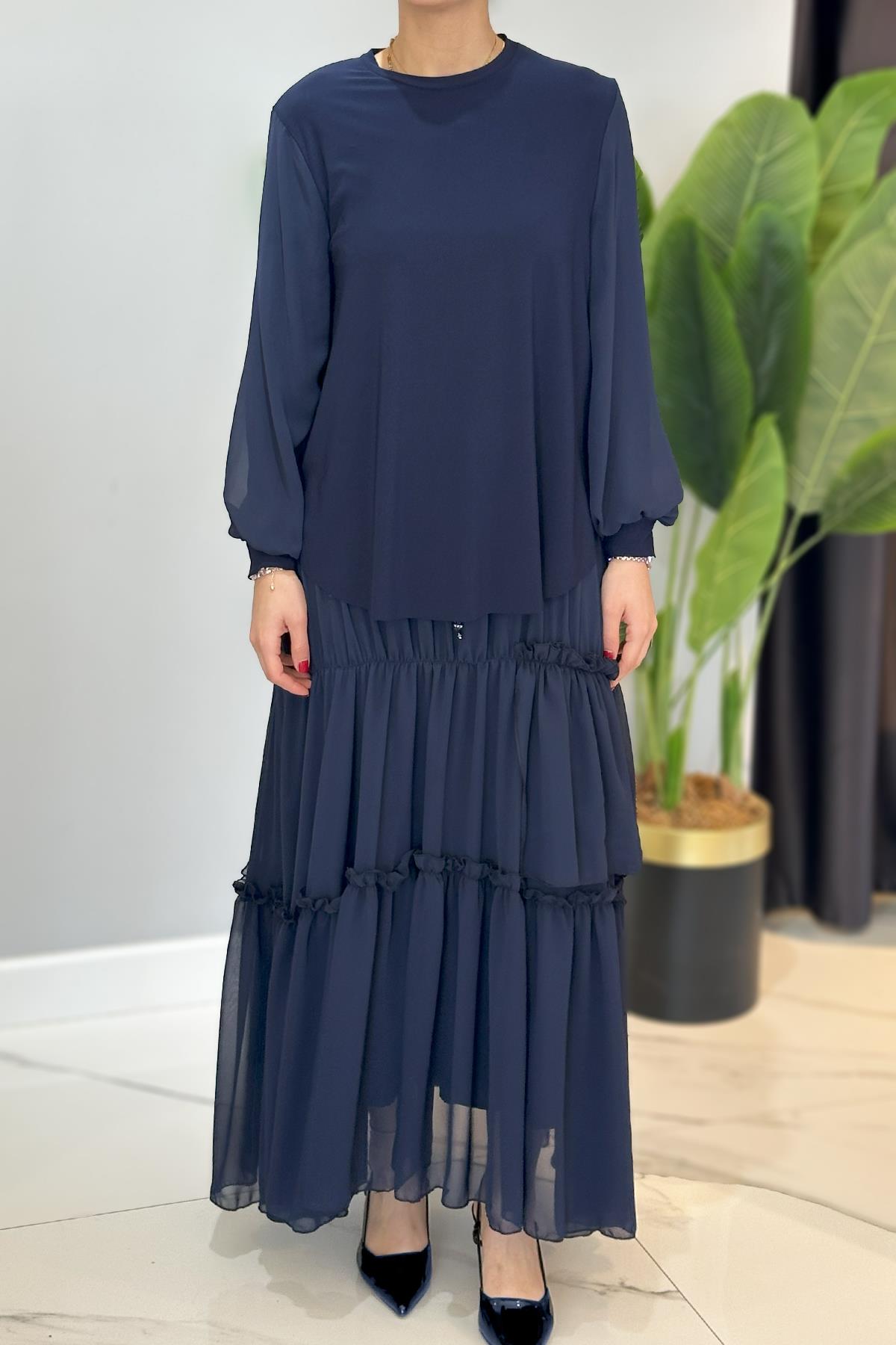 Kolu Şifon Eteği Fırfırlı ve Kraşlı Sandy Takım 5999 Lacivert