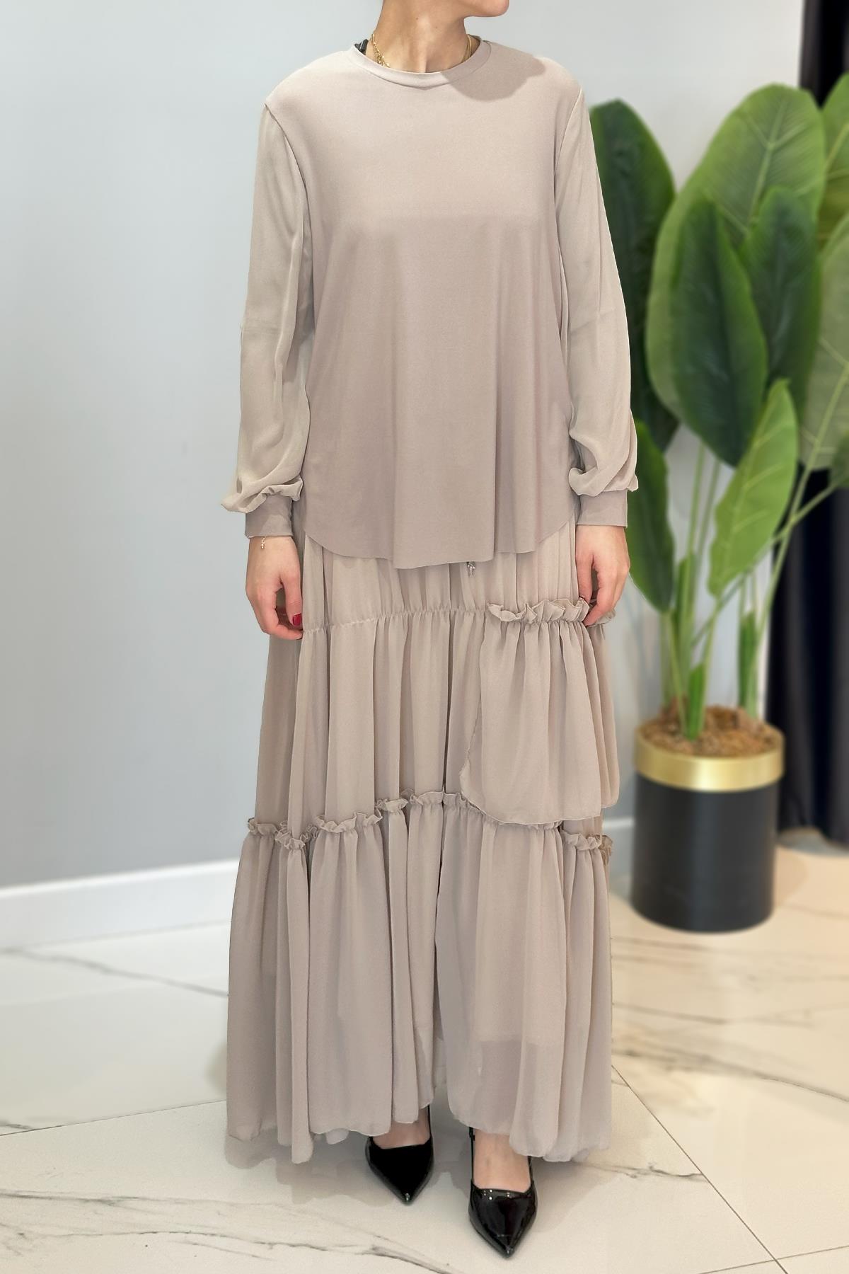 Kolu Şifon Eteği Fırfırlı ve Kraşlı Sandy Takım 5999 Bej