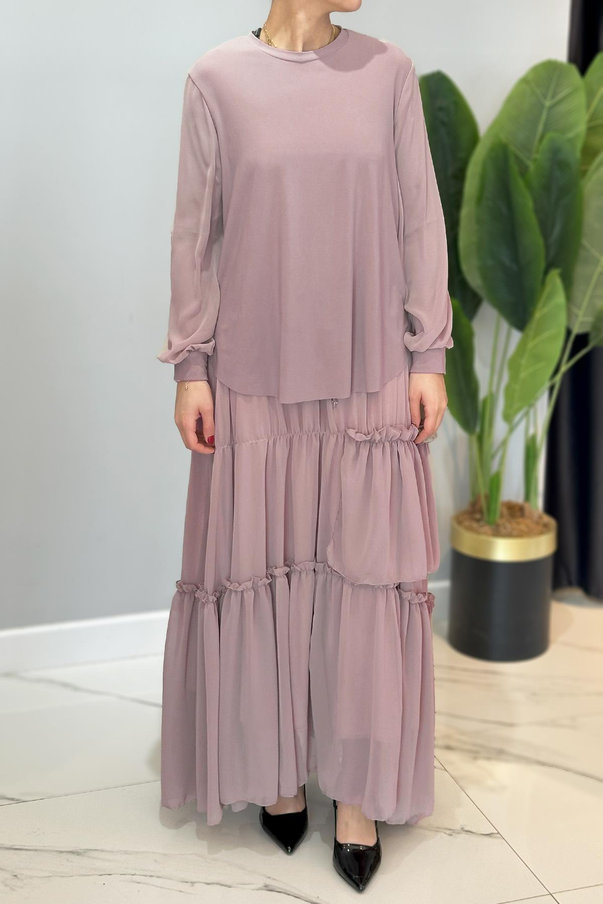 Kolu Şifon Eteği Fırfırlı ve Kraşlı Sandy Takım 5999 Pembe