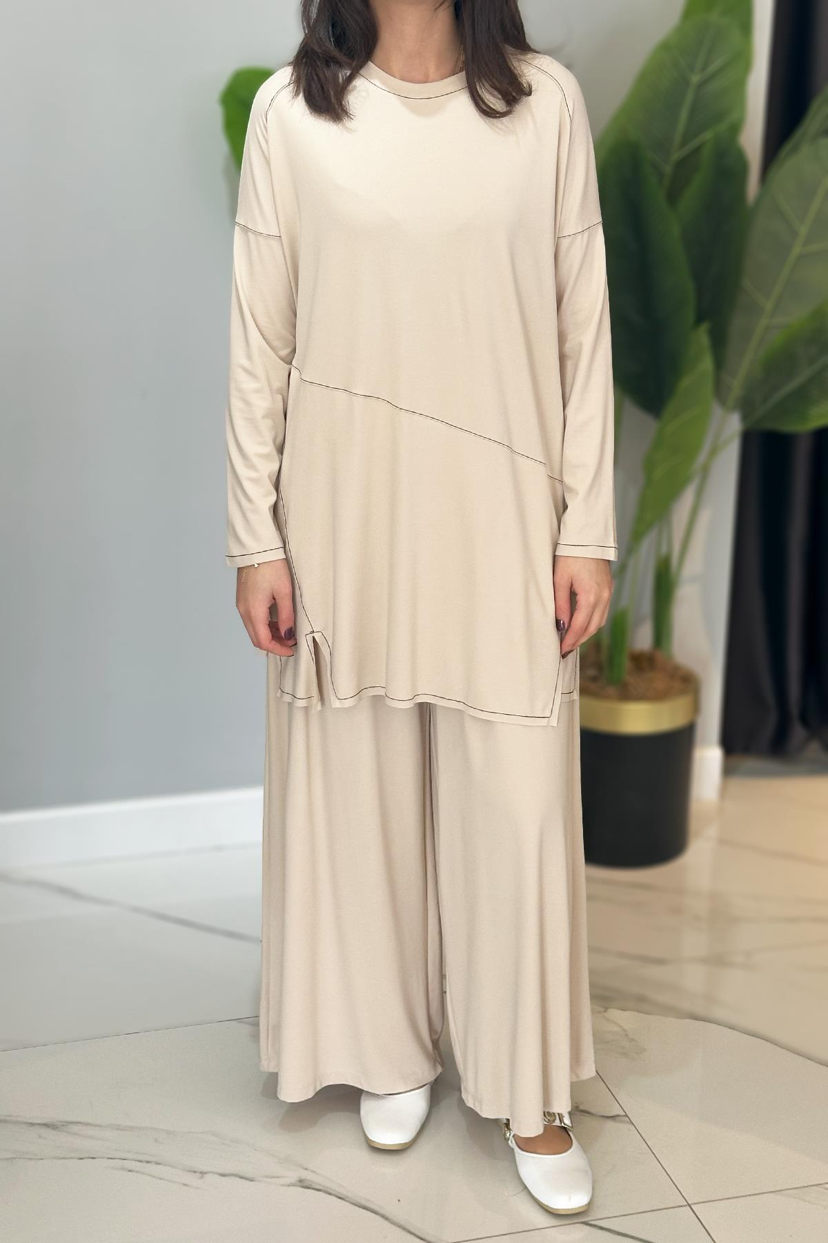 Kontrast Dikişli Allerli Bambu Pantolon Takım 5991 Bej