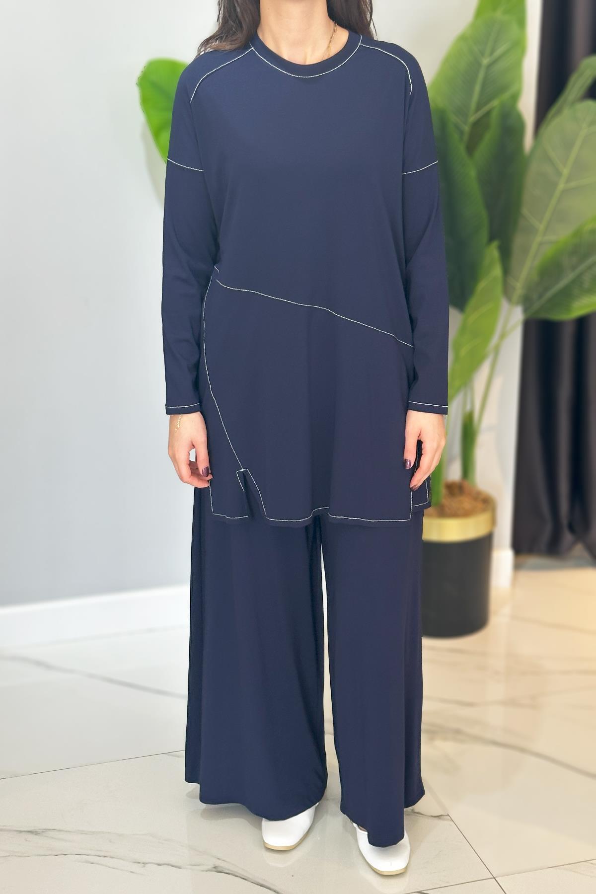Kontrast Dikişli Allerli Bambu Pantolon Takım 5991 Lacivert