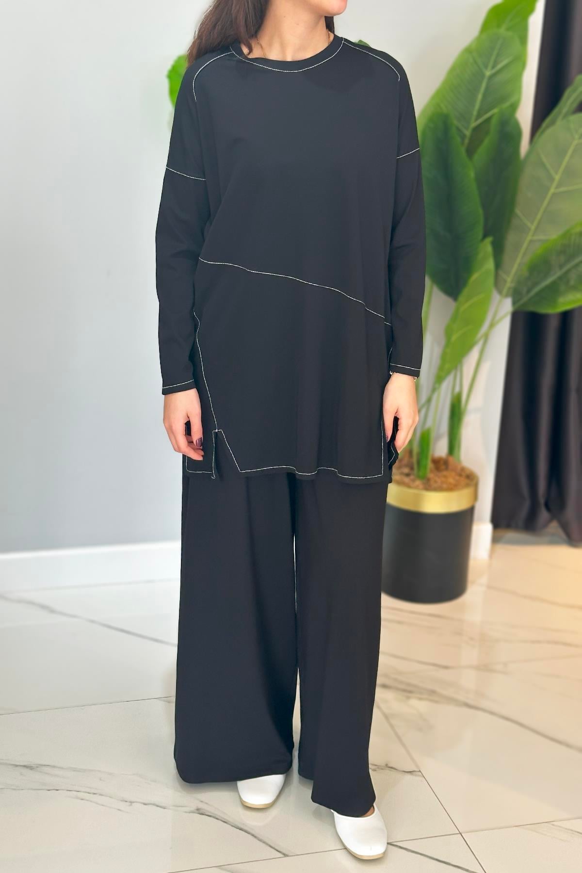 Kontrast Dikişli Allerli Bambu Pantolon Takım 5991 Siyah