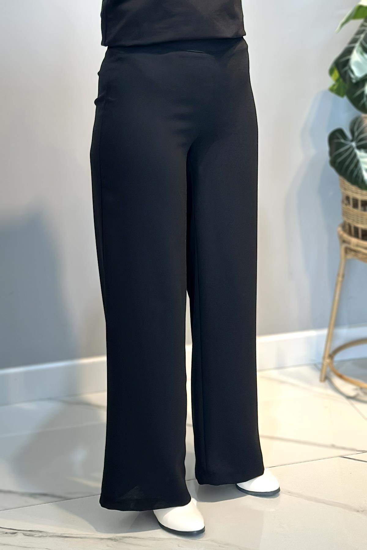 Krep Kumaş Bol Paça Pantolon 16008 Siyah