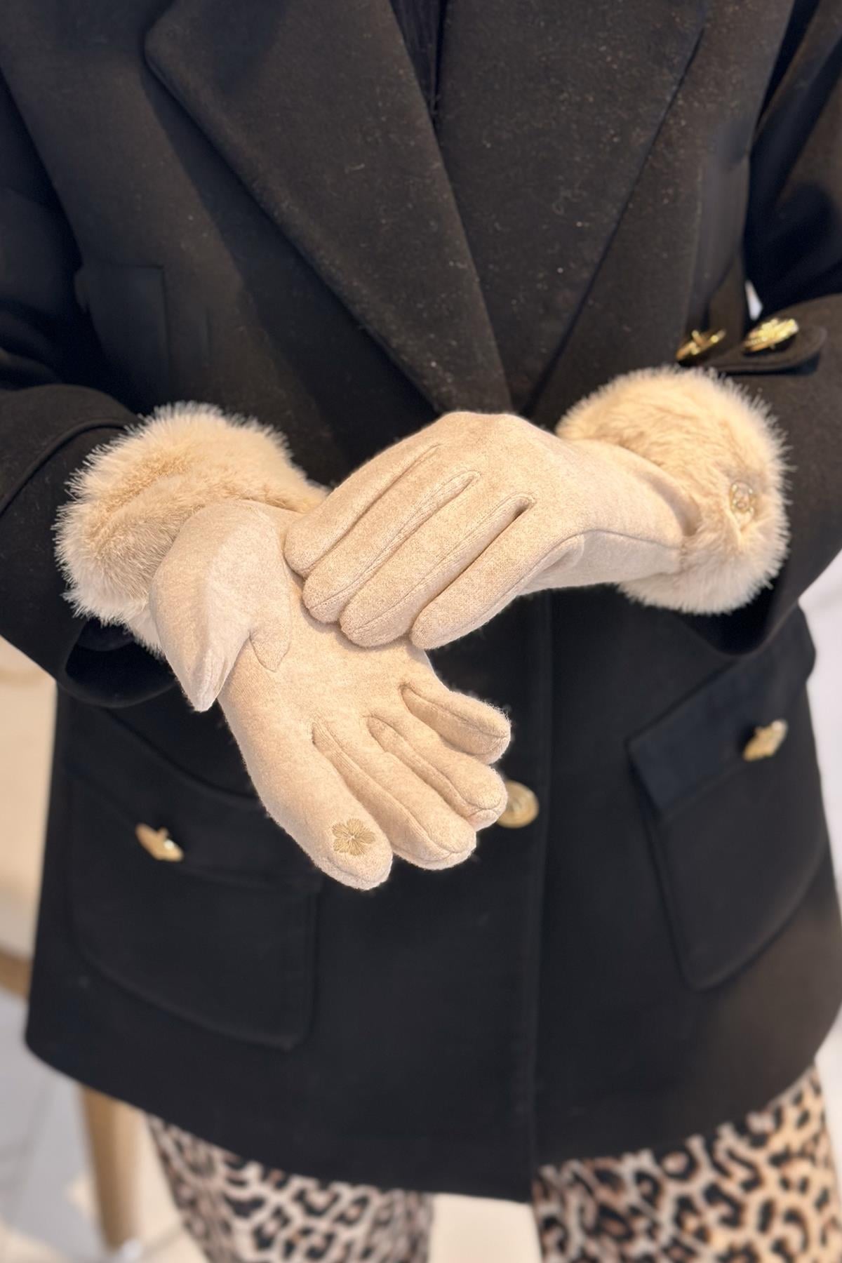 Kürk Detay Kadın Kaşe Eldiven ELD-29 Bej