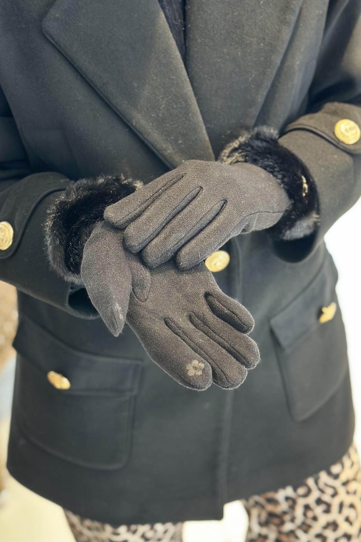 Kürk Detay Kadın Kaşe Eldiven ELD-29 Siyah