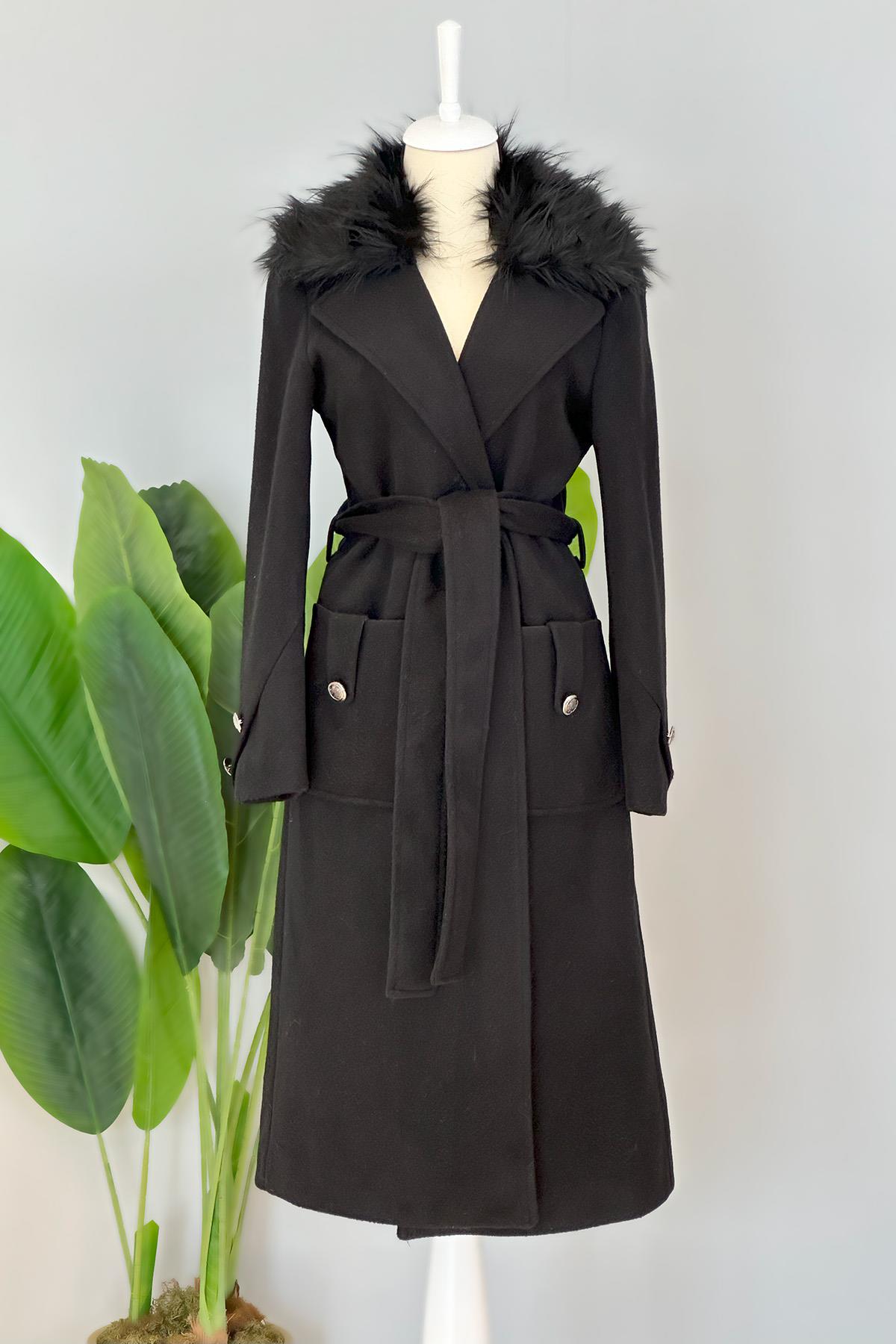 Kürklü Düğme Detaylı Kaban 17774 Siyah