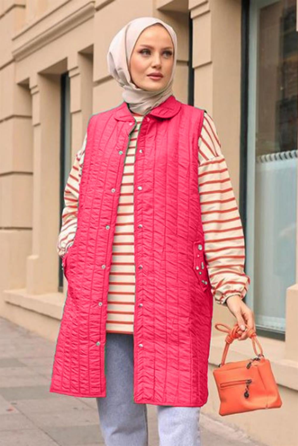 Lale Butik Cepleri Taş Detaylı Kapitone Yelek Fuşya