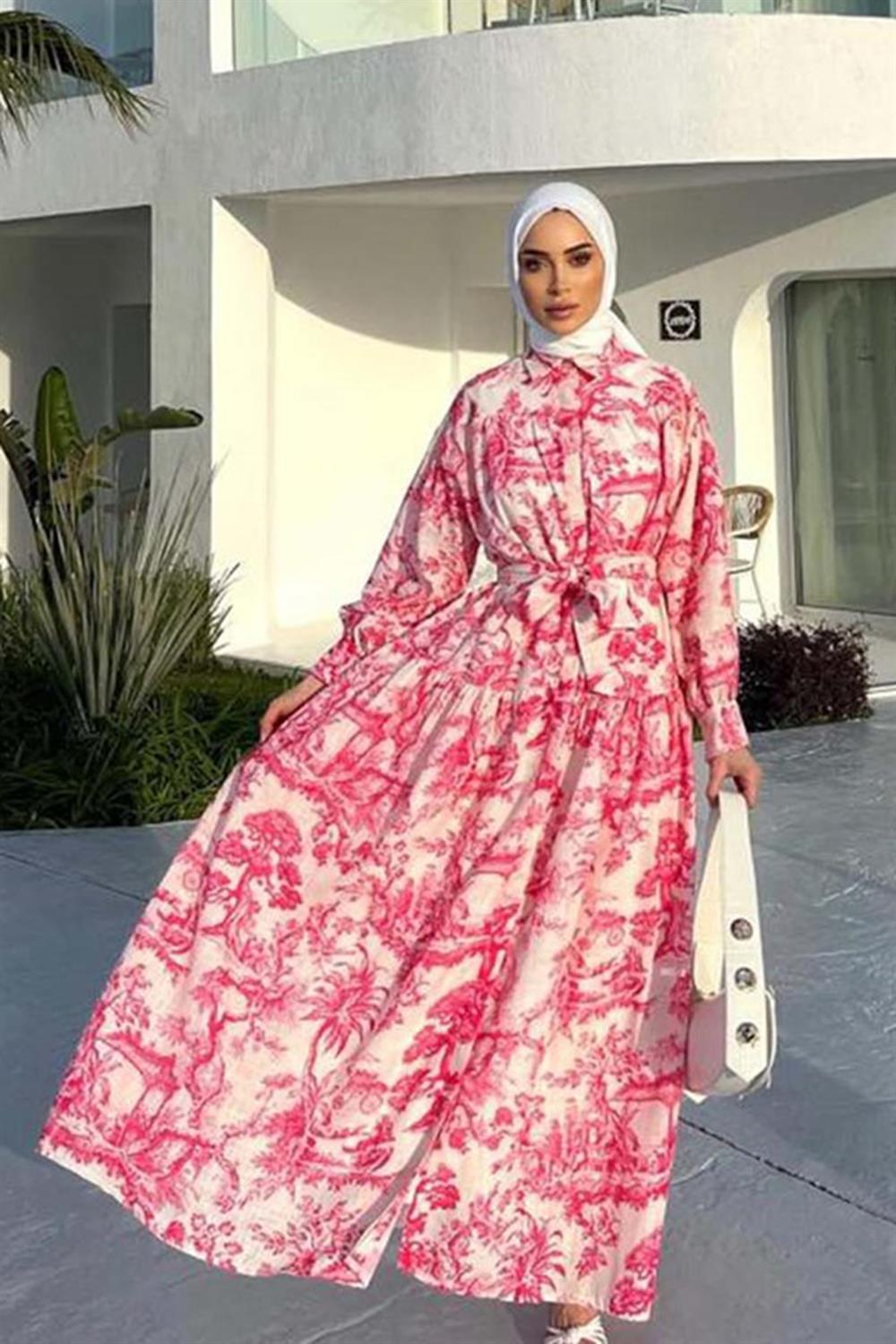 Lale Butik Pamuklu Desenli Elbise 8026 Fuşya