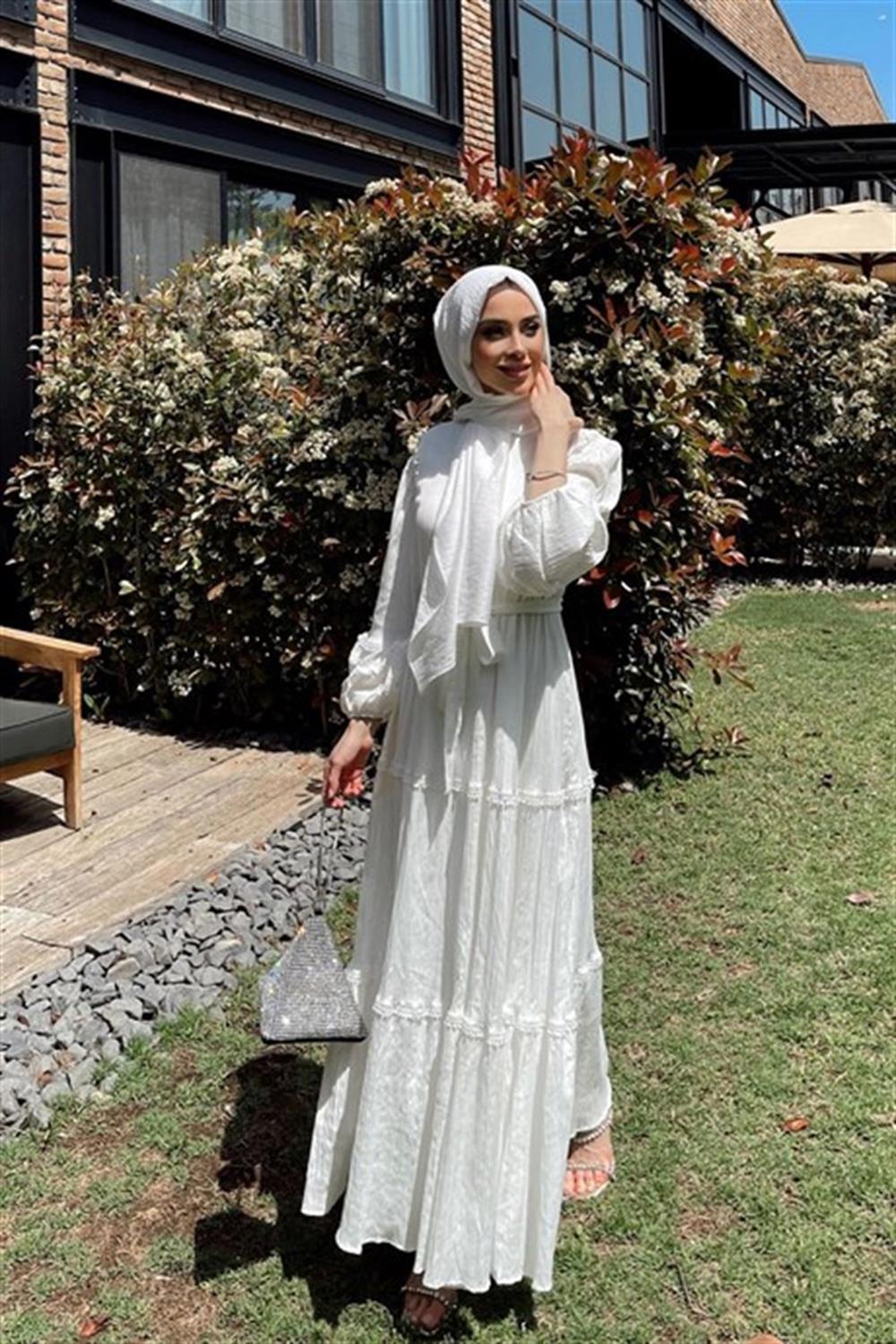 Lale Butik Pamuklu Fisto Detaylı Elbise 3409 Beyaz