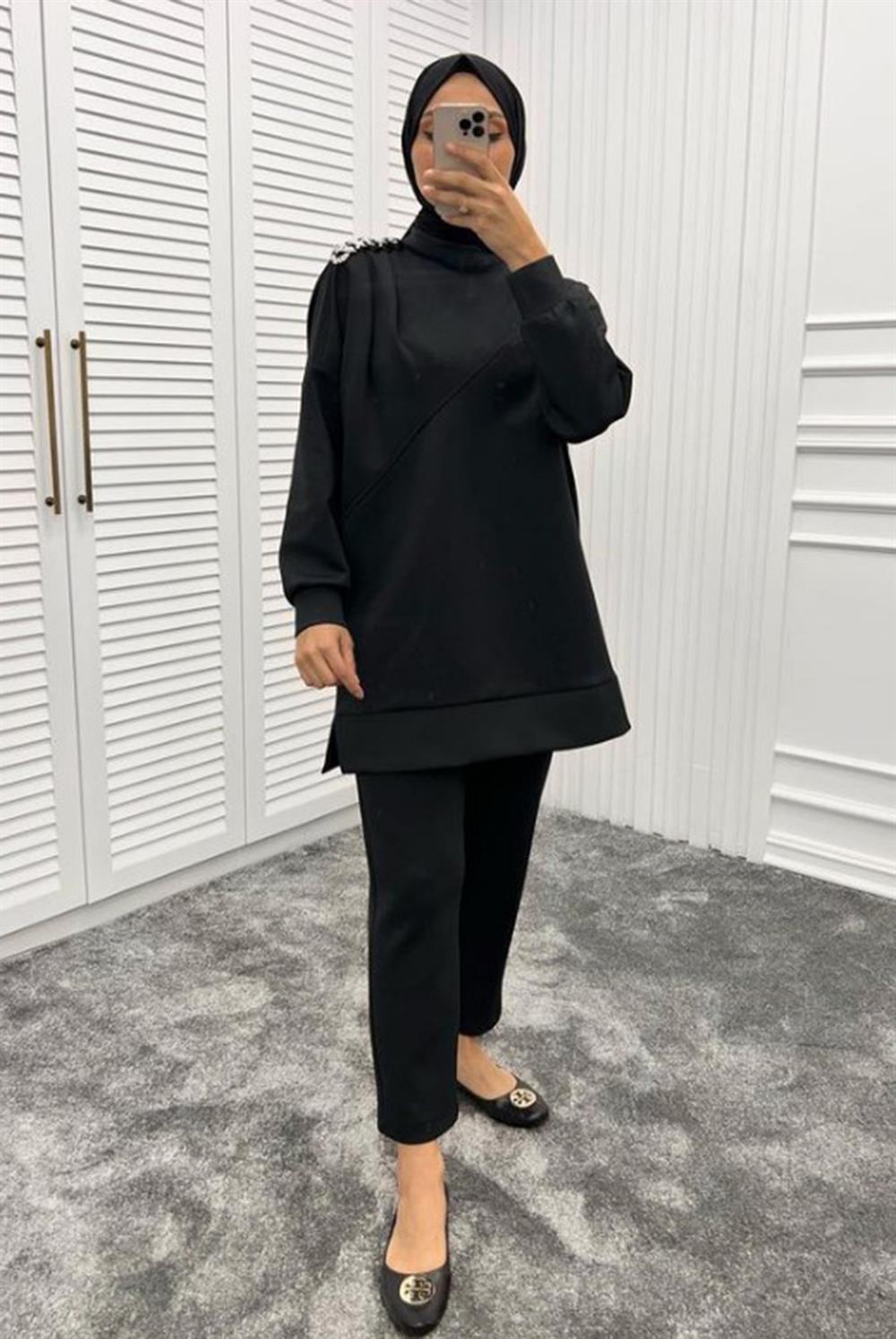 Lale Butik Scuba Pantalonlu Zincir Detaylı Takım Siyah