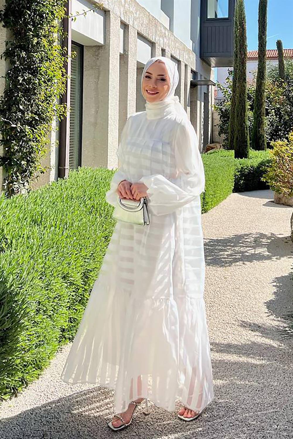 Lale Butik Şık Tül Detaylı Elbise 8027 Beyaz