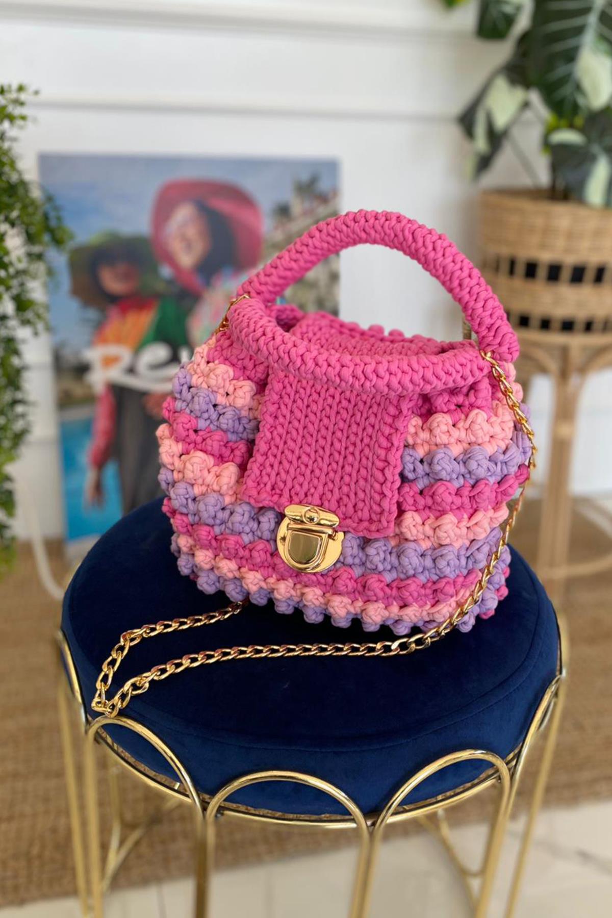 Lale El Örgüsü Çanta 01 Renkli Pembe