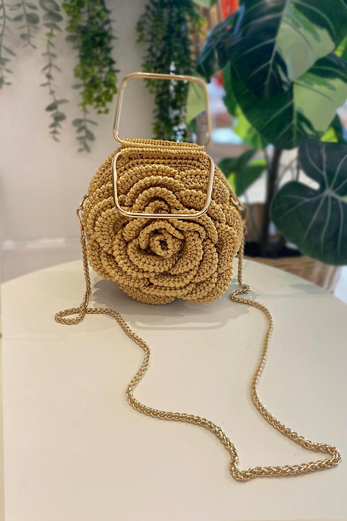 Lale Gül Desen El Örgüsü Çanta 02 Gold