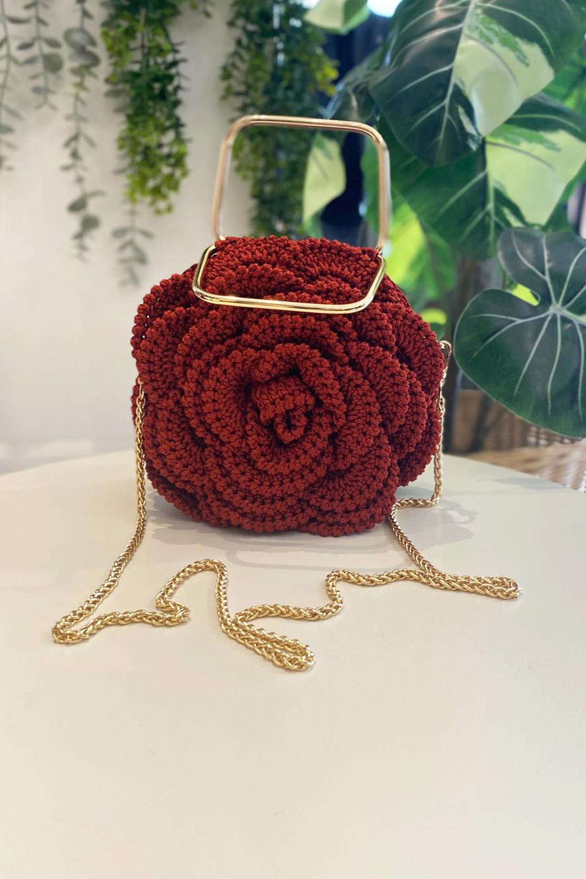 Lale Gül Desen El Örgüsü Çanta 02 Kiremit