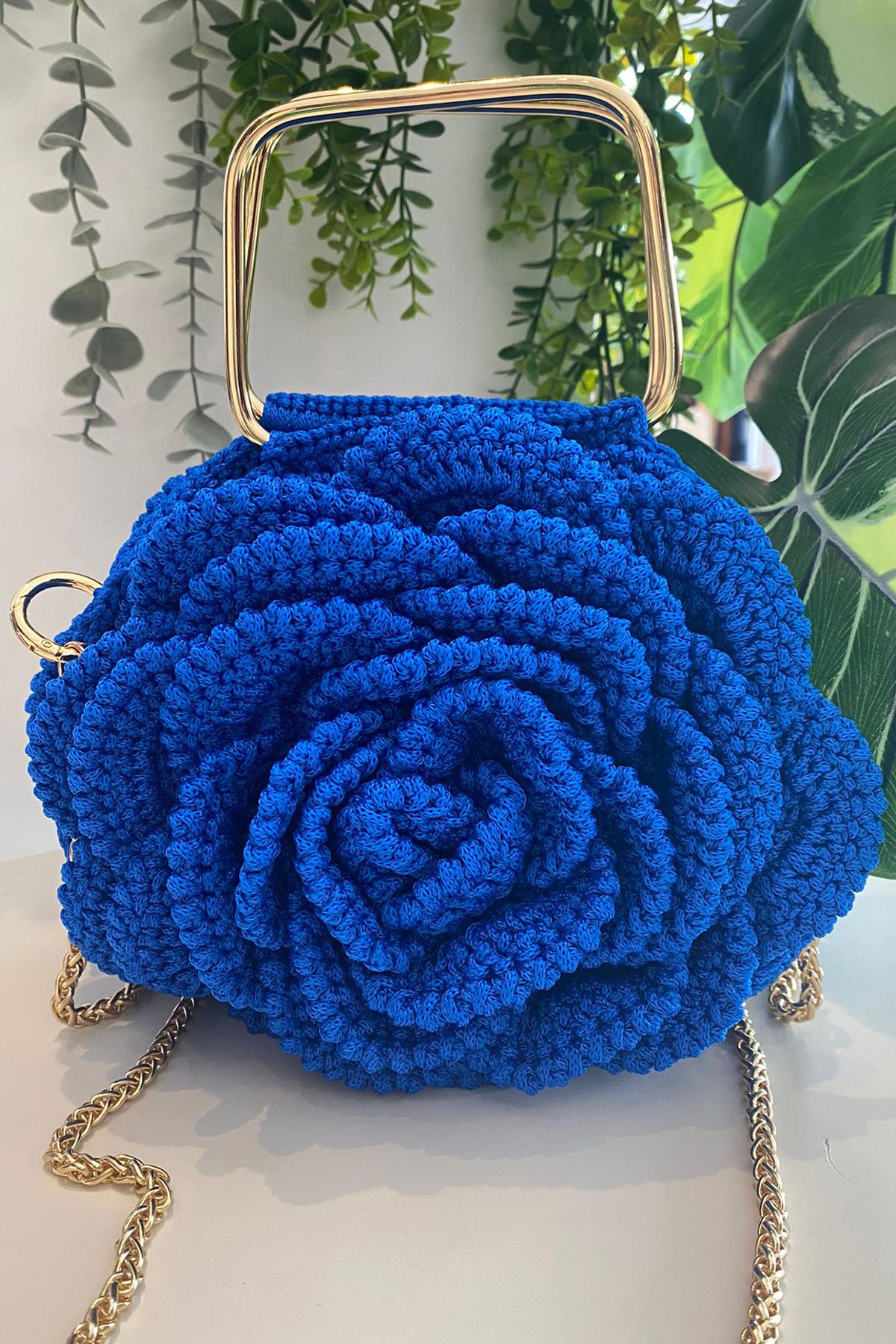 Lale Gül Desen El Örgüsü Çanta 02 Saks