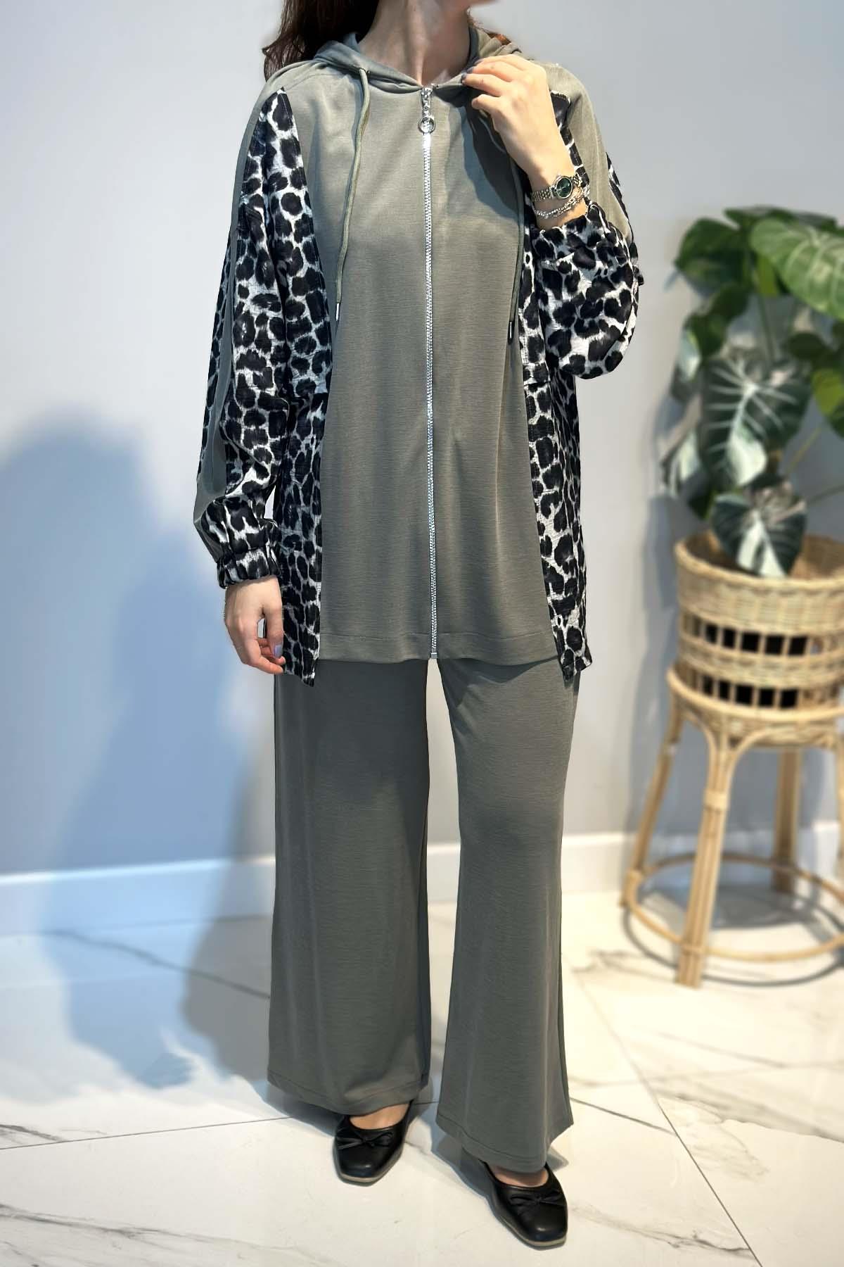 Leopar Desen Detay Pantolonlu Takım 70081-1 Haki