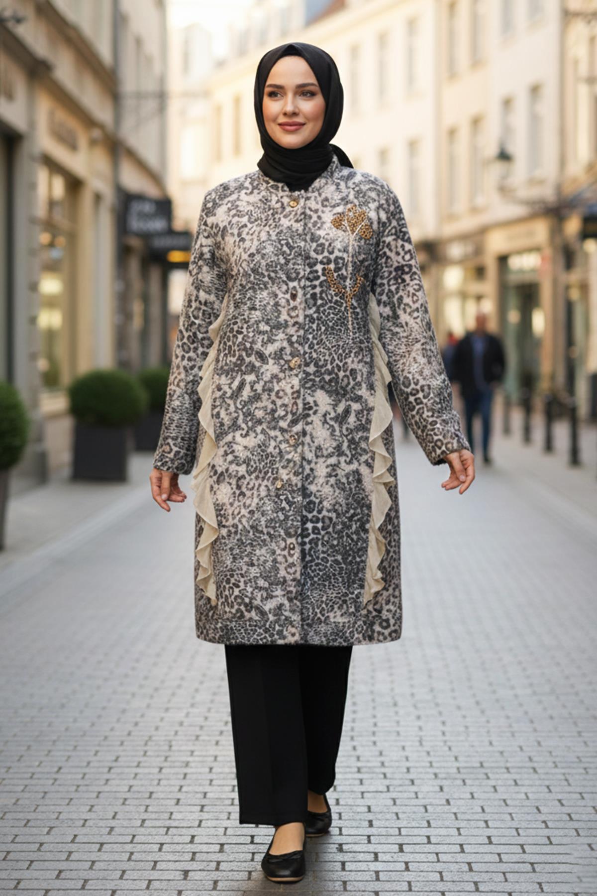 Leopar Desen Fırfır ve Taş Detay Tasarım Ceket 6334 Kahverengi