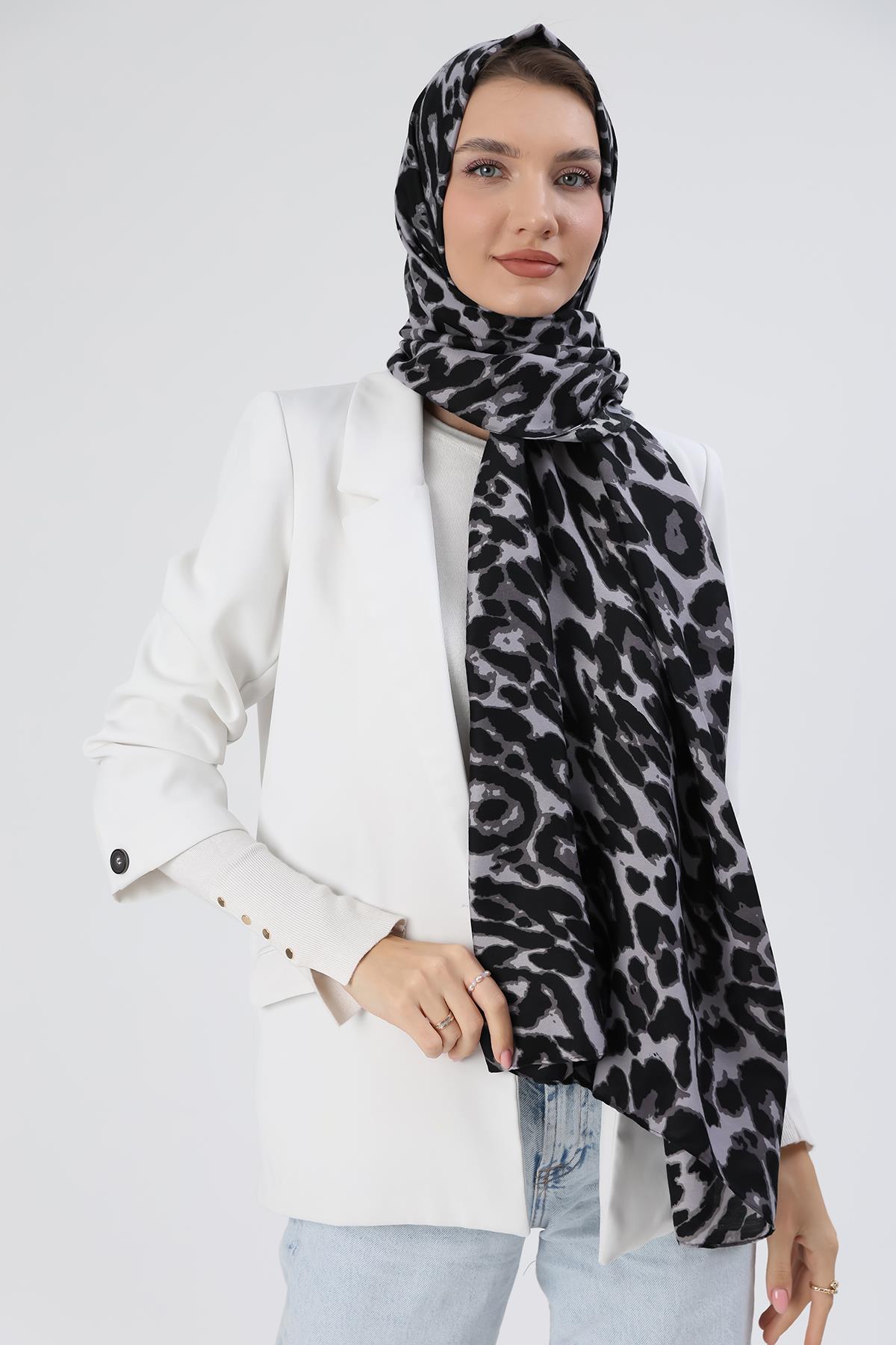 Leopar Desen Kadın Şal 0862 Gri