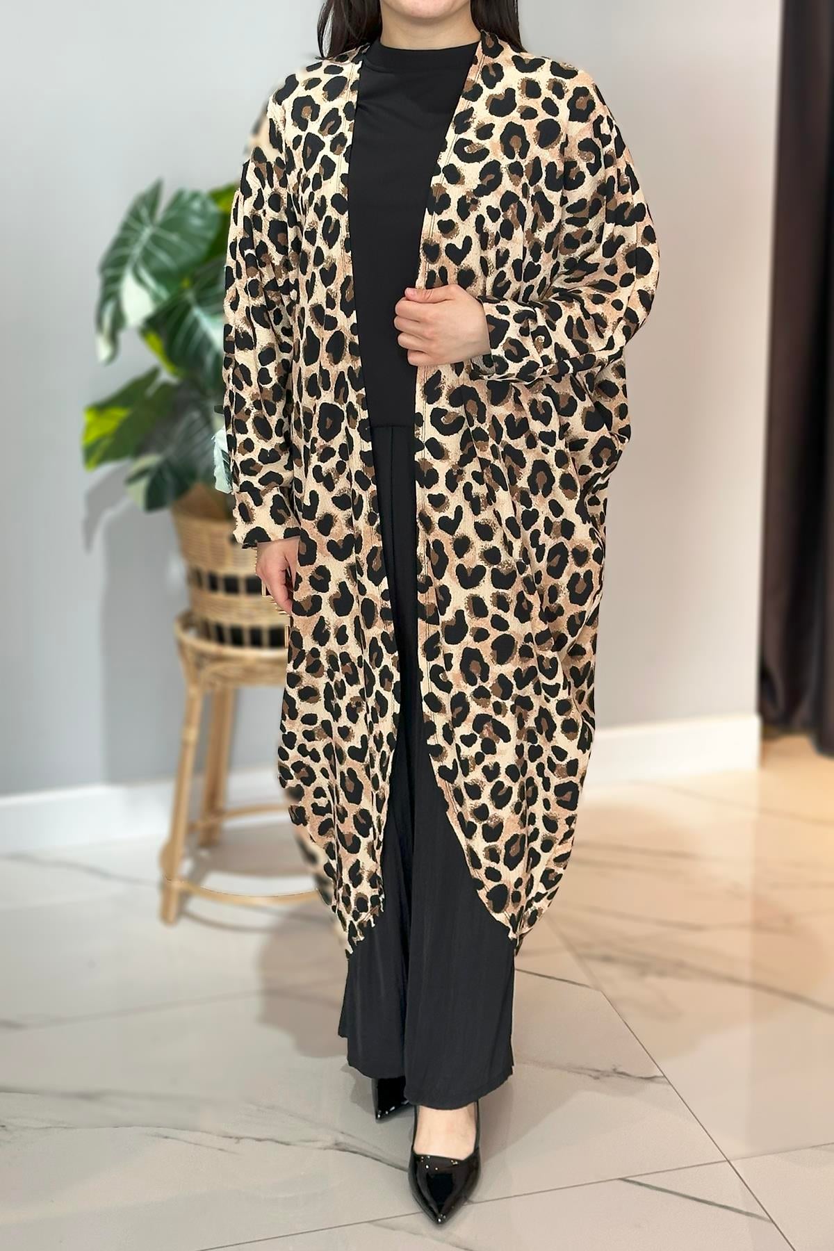 Leopar Desen Oversize Kimono 33962 Siyah